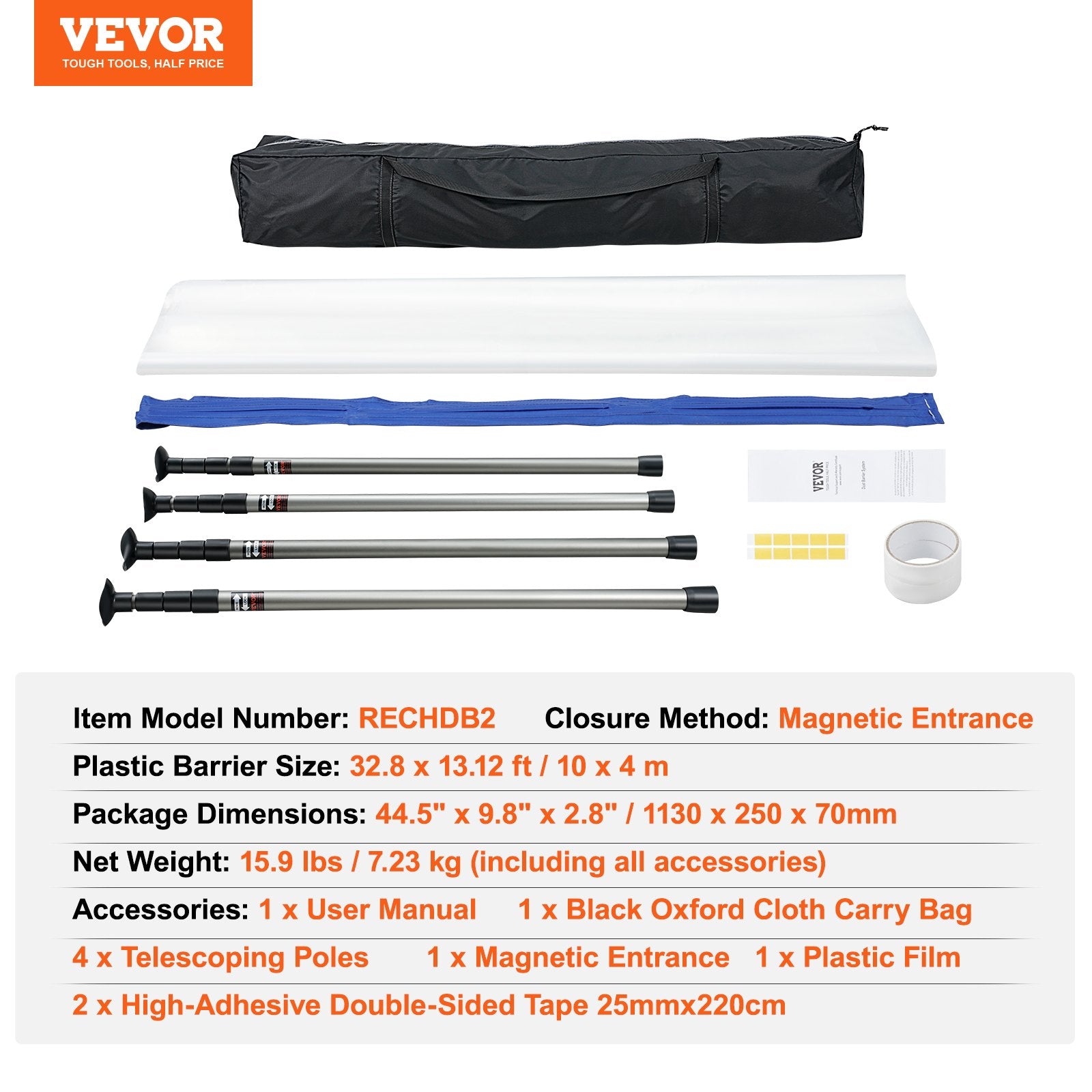 Tents: VEVOR Dust Barrier Poles, 12 Ft Barrier Poles, Dust Barrier System with 4 Telescoping Poles, Magnetic Zipper, Carry Bag and 32.8x13.12 Ft Plastic Film, for Interior Decoration, Painting