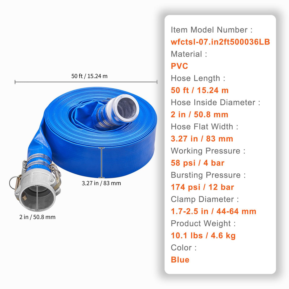 Backwash Hose, 2 in x 50 ft, Heavy-Duty PVC Flat Pool Discharge Hose with Aluminum Camlock C & E Fittings, Clamps, Compatible with Pumps, Sand Filters, for Swimming Pools Waste Water Drain, Blue