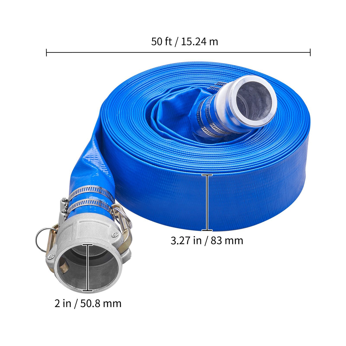 Backwash Hose, 2 in x 50 ft, Heavy-Duty PVC Flat Pool Discharge Hose with Aluminum Camlock C & E Fittings, Clamps, Compatible with Pumps, Sand Filters, for Swimming Pools Waste Water Drain, Blue
