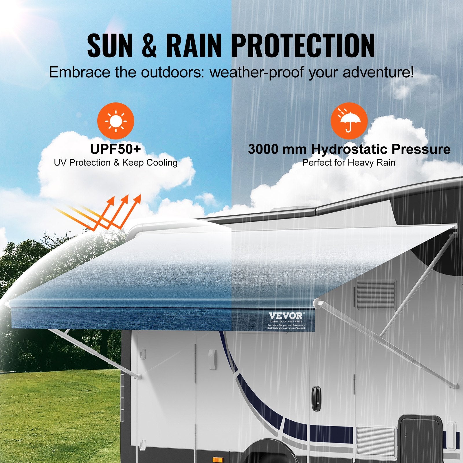 RV Awning Fabric Replacement, 3.72m Fabric Length for 3.96mAwning, Heavy Duty 3-Ply 16oz PVC Camper Awning Fabric, Waterproof & UV Protection Outdoor Canopy for RV, Trailer, Motorhome, Blue Fade