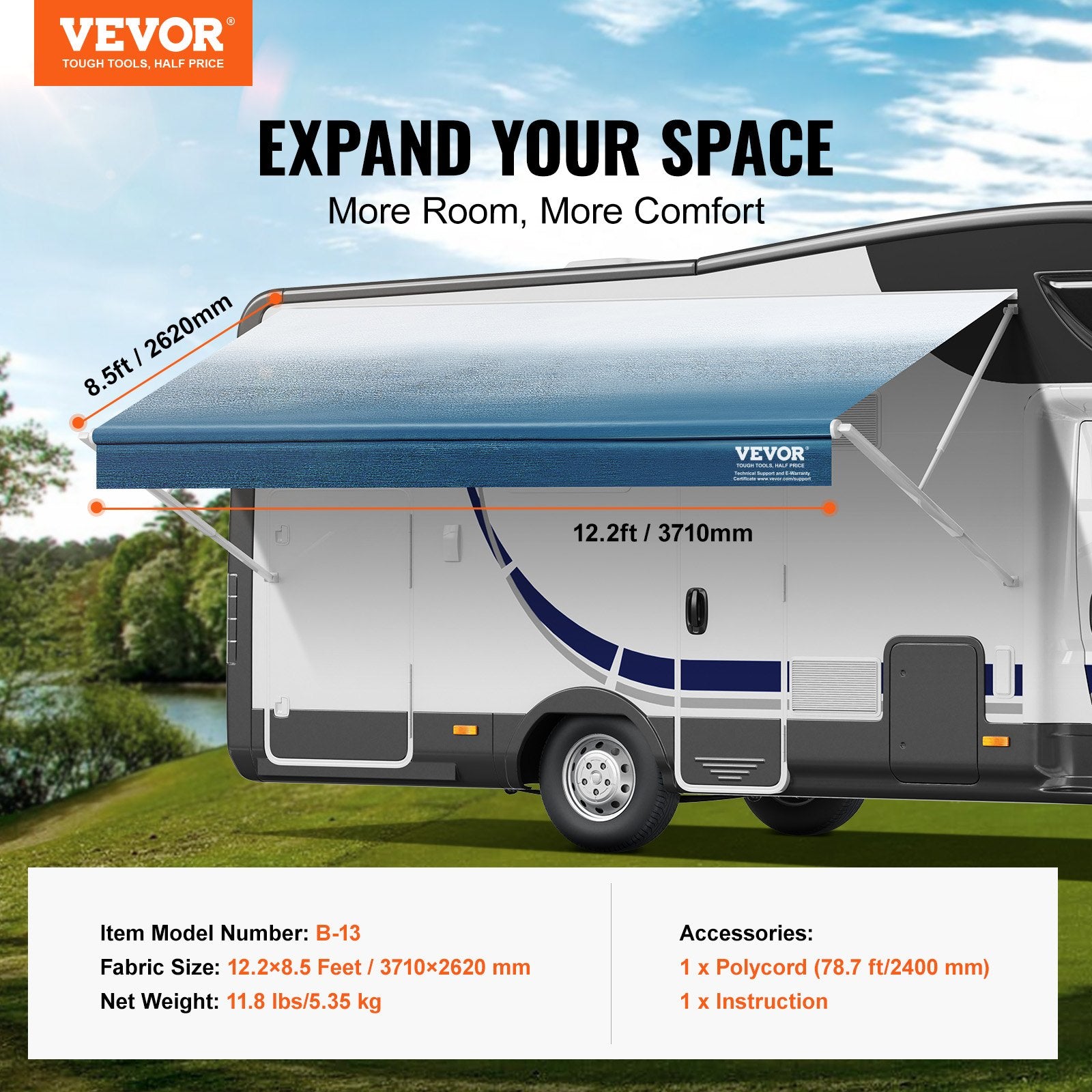 RV Awning Fabric Replacement, 3.72m Fabric Length for 3.96mAwning, Heavy Duty 3-Ply 16oz PVC Camper Awning Fabric, Waterproof & UV Protection Outdoor Canopy for RV, Trailer, Motorhome, Blue Fade