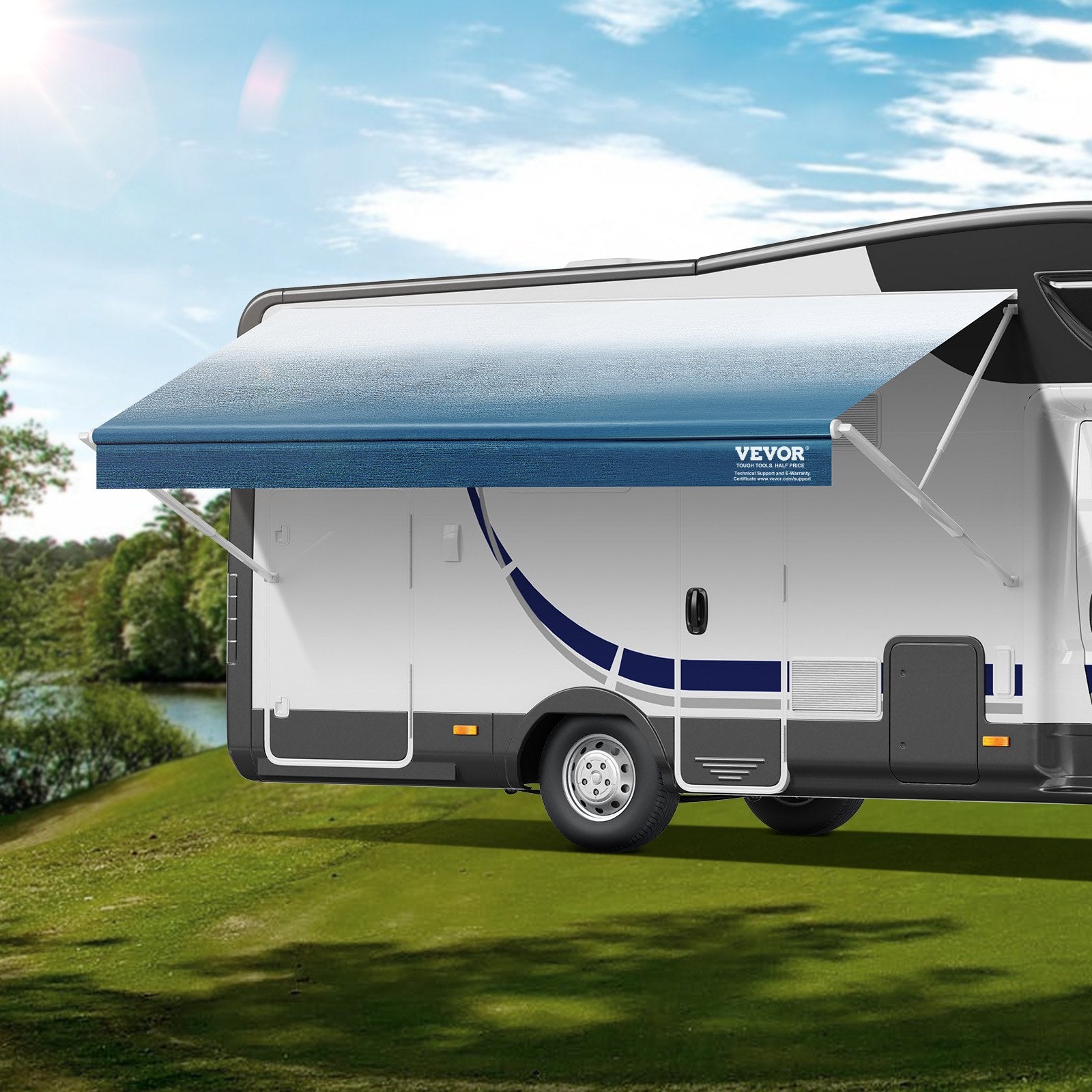 RV Awning Fabric Replacement, 3.72m Fabric Length for 3.96mAwning, Heavy Duty 3-Ply 16oz PVC Camper Awning Fabric, Waterproof & UV Protection Outdoor Canopy for RV, Trailer, Motorhome, Blue Fade