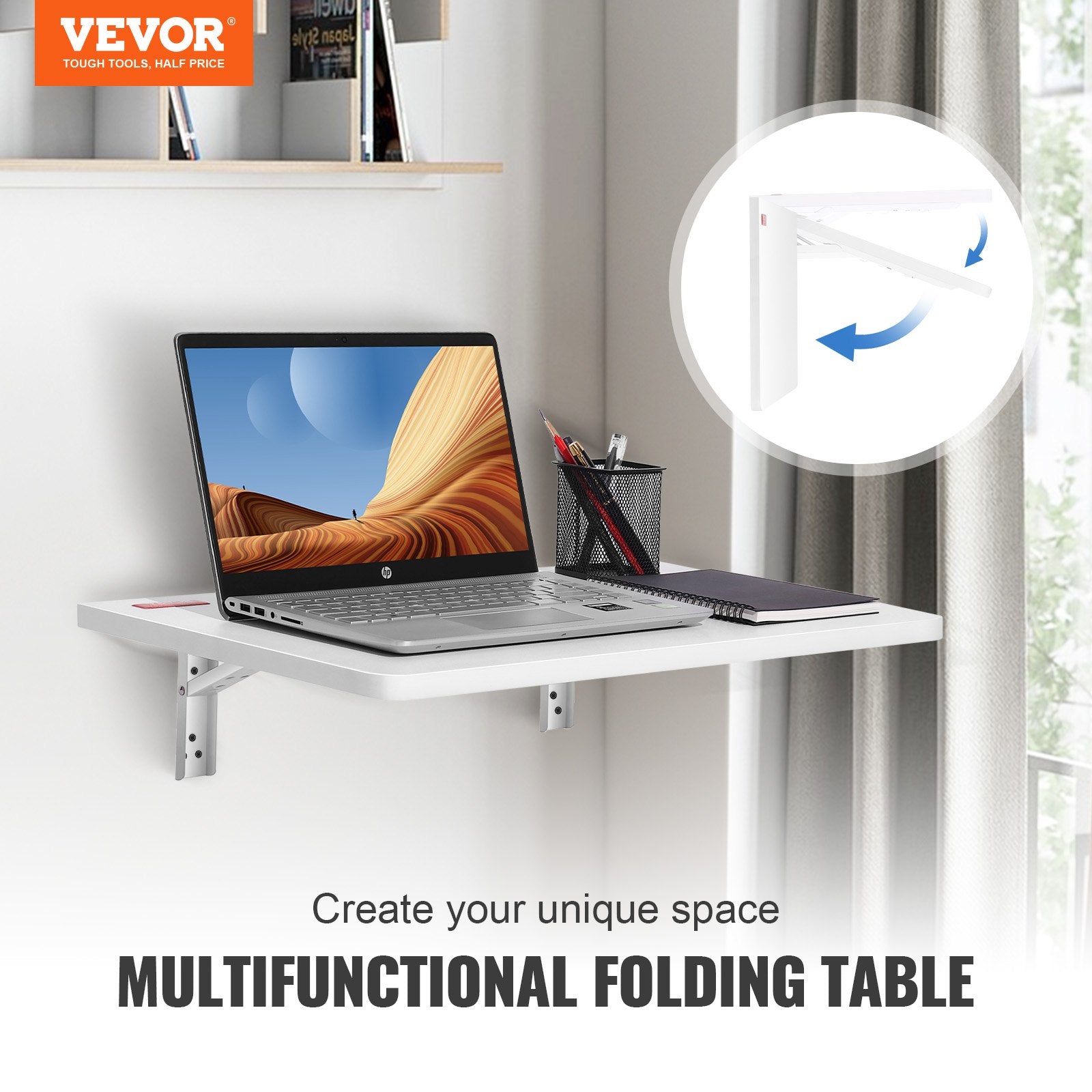 Desk Accessories: VEVOR Wall Mounted Folding Table, Wall Mount Drop Leaf Tables, Wooden Floating Desk for Dining, Laundry Room, Office, 23.6" x 15.6" Fold Down Desk with Carbon Steel Bracket