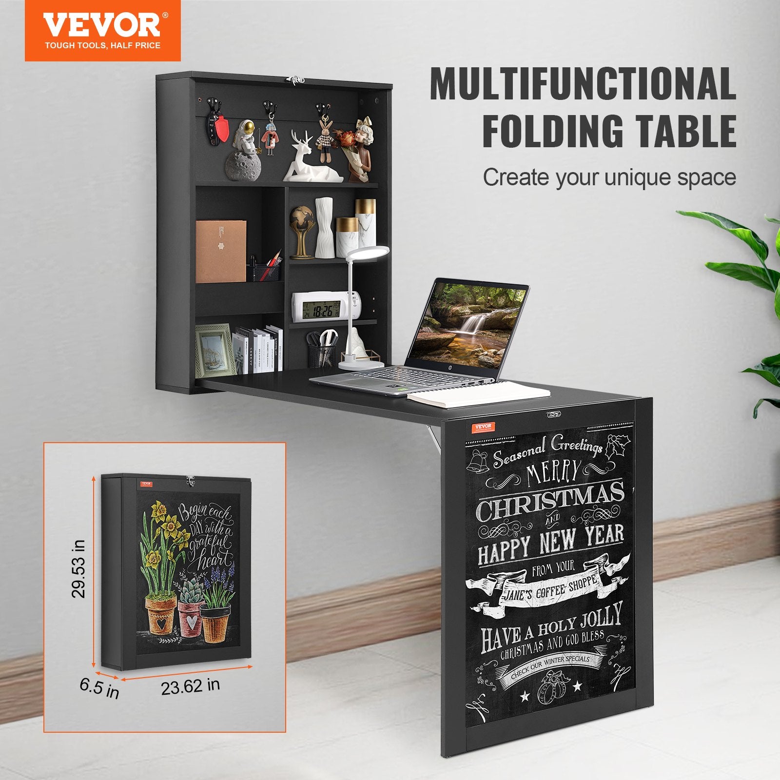 Desk Accessories: VEVOR Wall Mounted Desk, Fold out Convertible Desk, Multi-Function Folding Wall Table with Chalkboard for Home Office, Space Saving Computer Desk with Storage Area