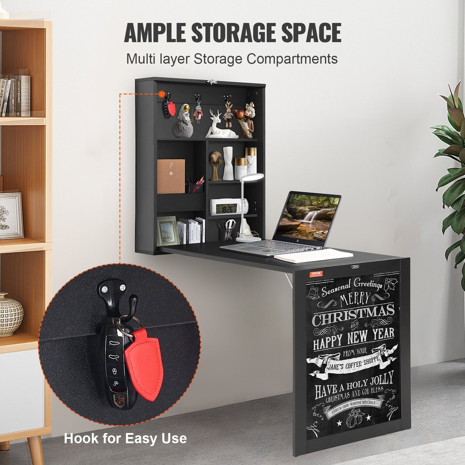 Desk Accessories: VEVOR Wall Mounted Desk, Fold out Convertible Desk, Multi-Function Folding Wall Table with Chalkboard for Home Office, Space Saving Computer Desk with Storage Area