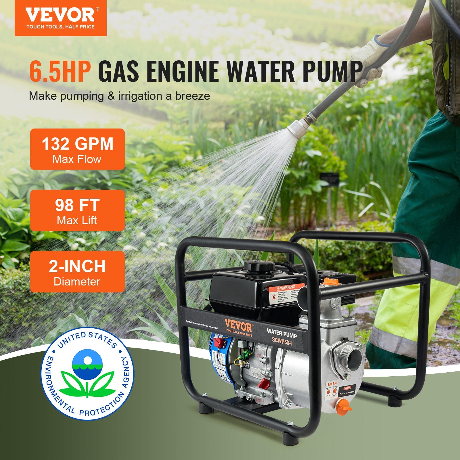 Fuel & Exhaust: VEVOR Gasoline Engine Water Pump Gas Powered Transfer Pump 50 mm 6.5HP 4-Stroke