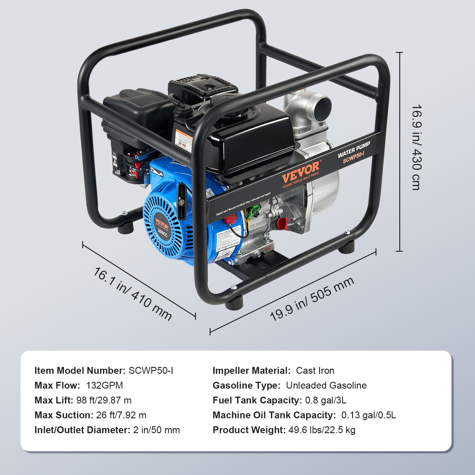 Fuel & Exhaust: VEVOR Gasoline Engine Water Pump Gas Powered Transfer Pump 50 mm 6.5HP 4-Stroke