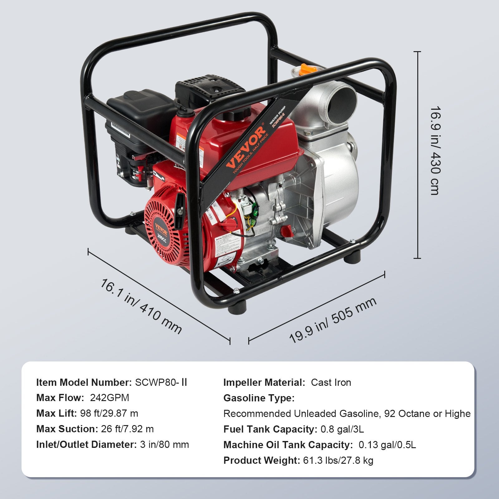 Fuel & Exhaust: VEVOR Gasoline Engine Water Pump Gas Powered Transfer Pump 80 mm 7HP 4-Stroke