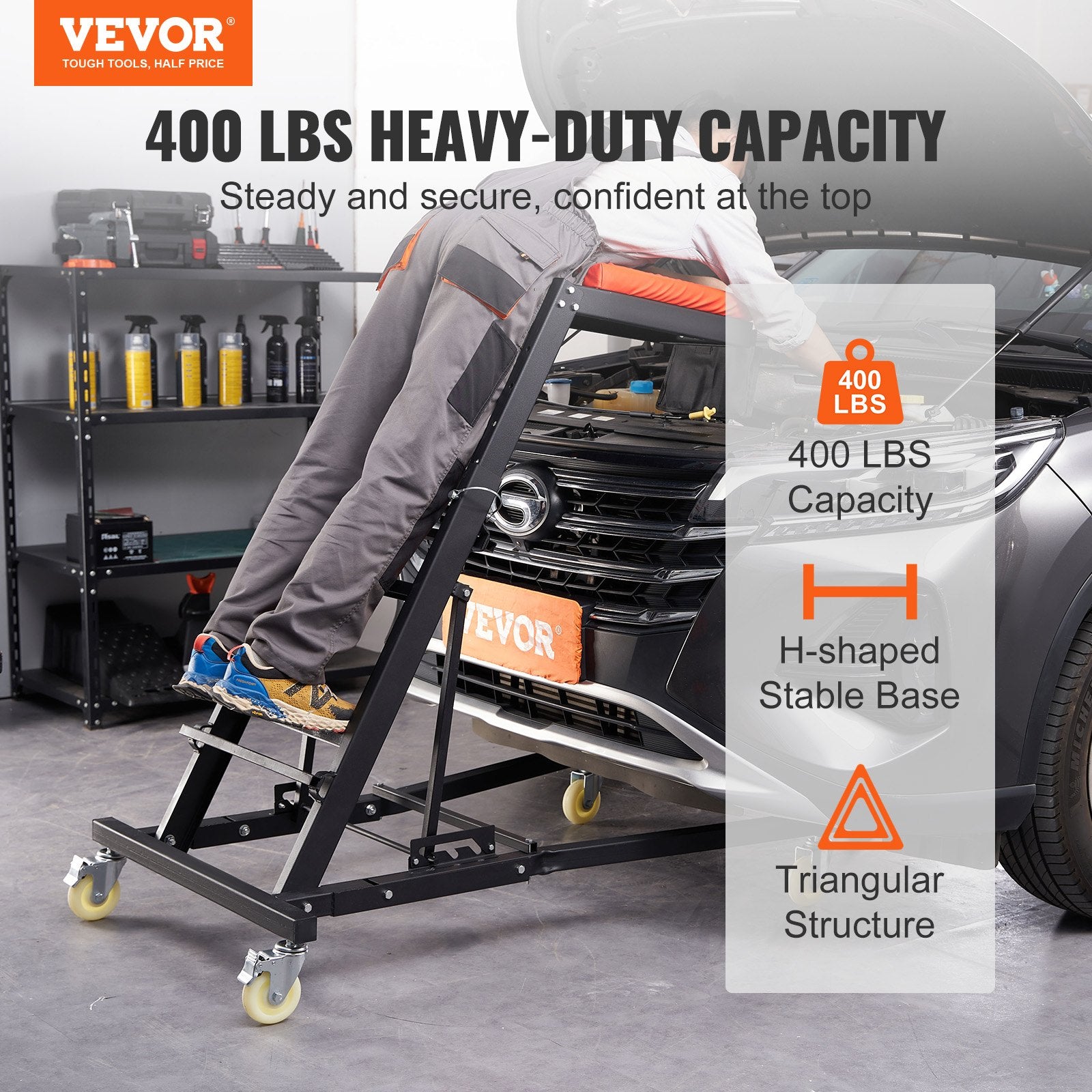 Automotive Repair & Speciality Tools: VEVOR Automotive Topside Creeper, with Adjustable Height 48" to 76", 181.44KGS Capacity High Creeper, 4 Swivel Caster Wheels, Heavy Duty Foldable Creeper for Auto Repair and Maintenance