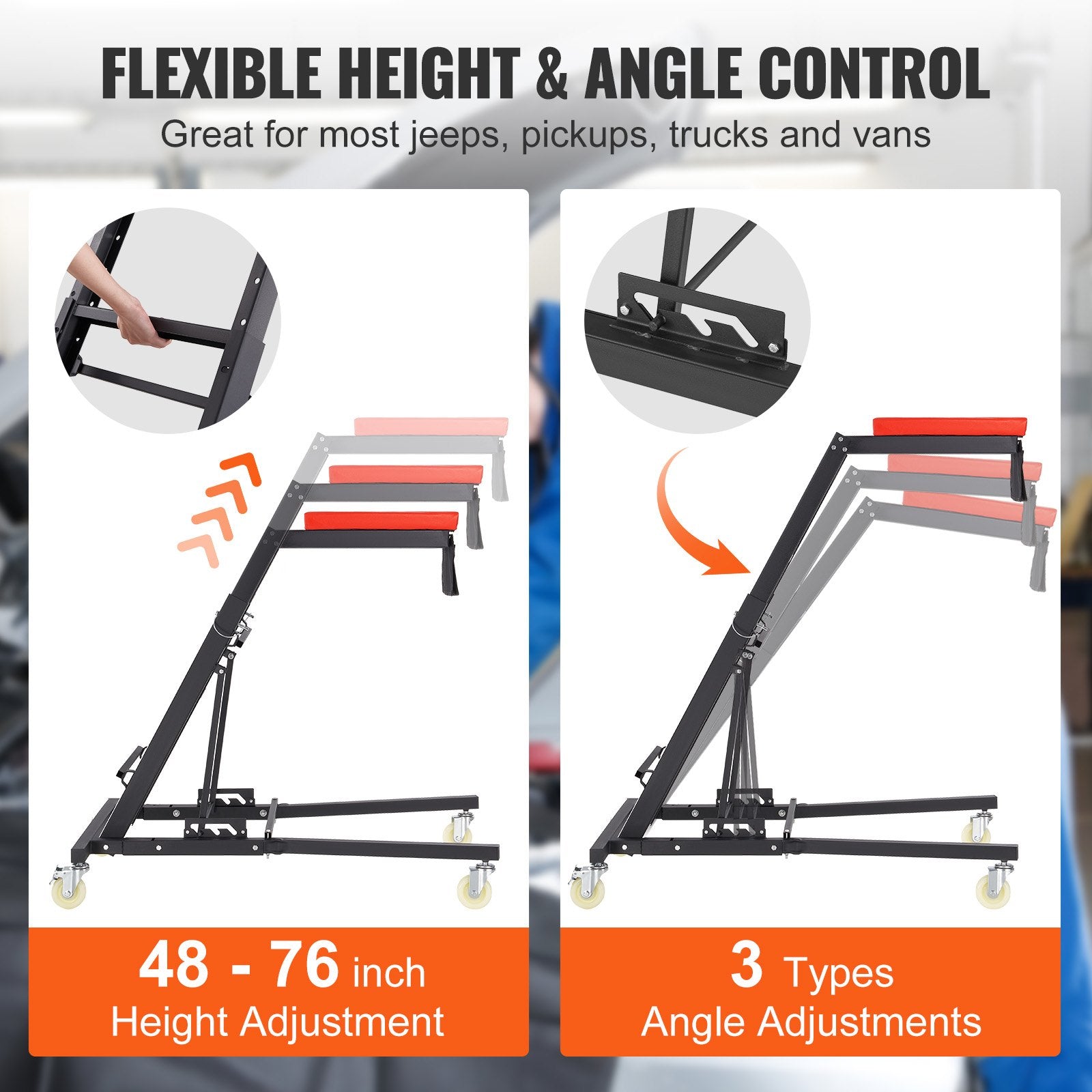 Automotive Repair & Speciality Tools: VEVOR Automotive Topside Creeper, with Adjustable Height 48" to 76", 181.44KGS Capacity High Creeper, 4 Swivel Caster Wheels, Heavy Duty Foldable Creeper for Auto Repair and Maintenance
