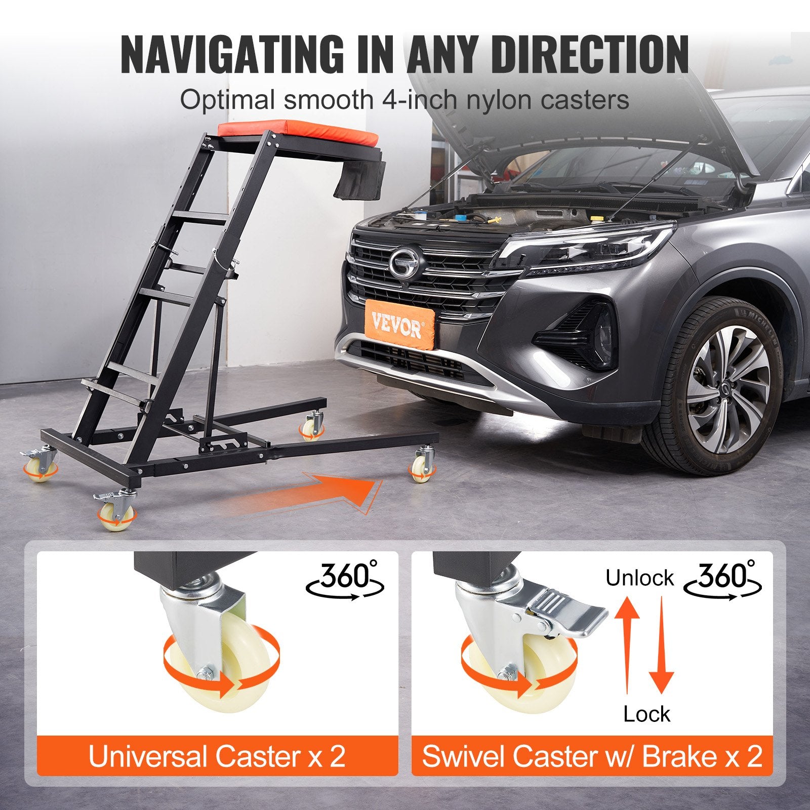 Automotive Repair & Speciality Tools: VEVOR Automotive Topside Creeper, with Adjustable Height 48" to 76", 181.44KGS Capacity High Creeper, 4 Swivel Caster Wheels, Heavy Duty Foldable Creeper for Auto Repair and Maintenance