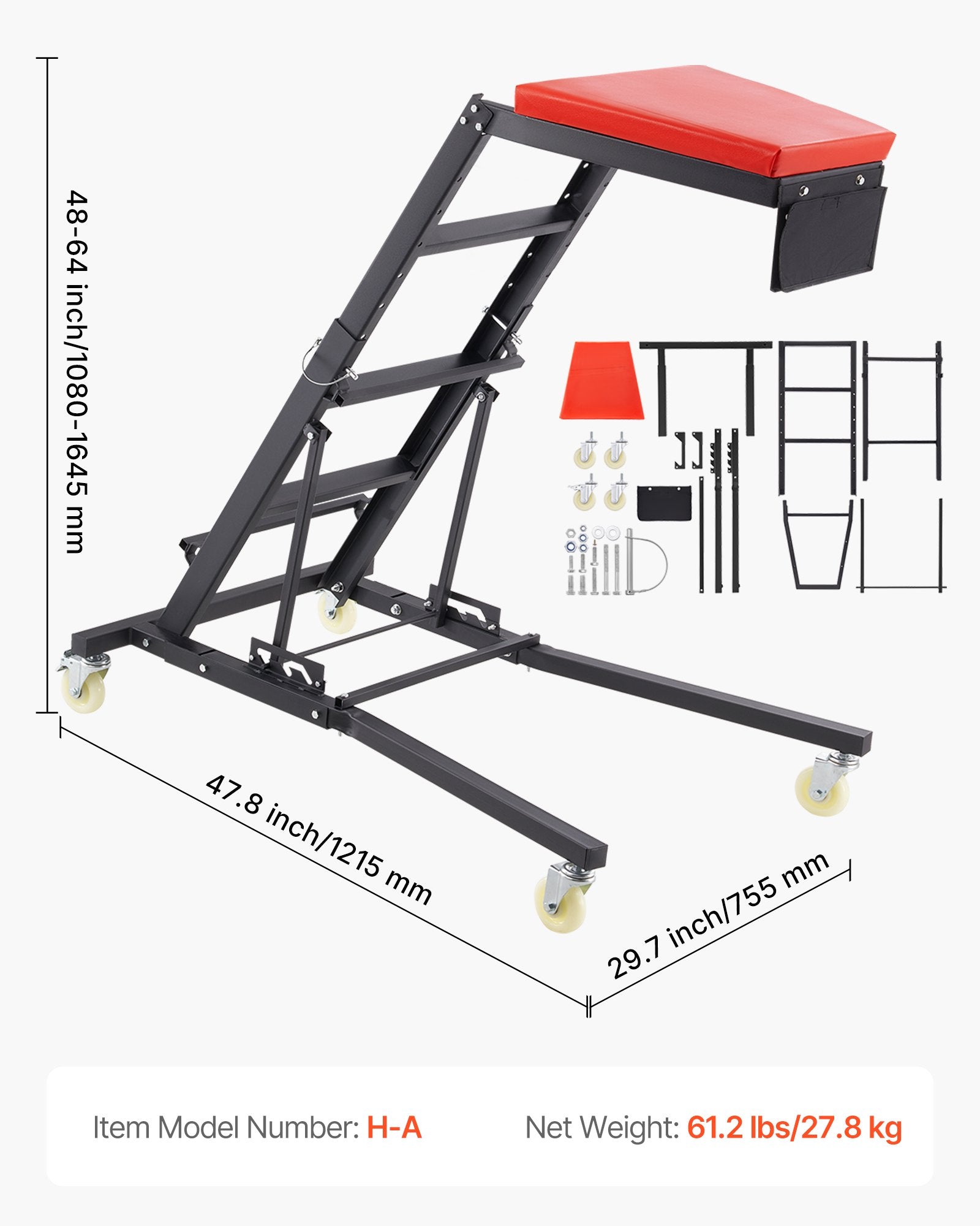 Automotive Repair & Speciality Tools: VEVOR Automotive Topside Creeper, Engine Creeper 42.5"-64.8", 181.44KGS Capacity High Top Creeper, 4 Swivel Caster Wheels, Padded Deck,  Creeper for Home Garage, Workshop Repair Maintenance