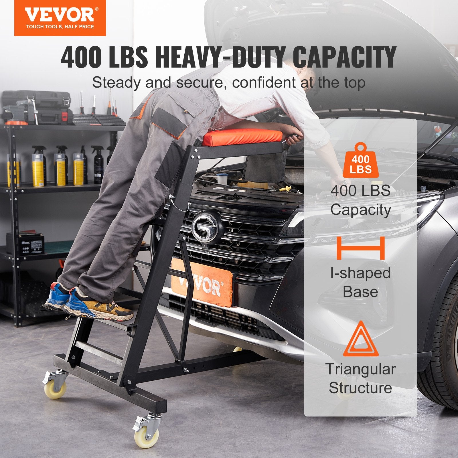 Automotive Topside Creeper, with Adjustable Height 49.6" to 75.6", 181.44KGS Capacity High Creeper, 4 Swivel Caster Wheels, Heavy Duty Foldable Creeper for Auto Repair and Maintenance