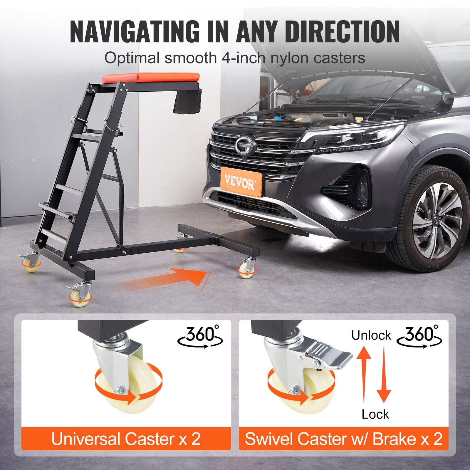 Automotive Topside Creeper, with Adjustable Height 49.6" to 75.6", 181.44KGS Capacity High Creeper, 4 Swivel Caster Wheels, Heavy Duty Foldable Creeper for Auto Repair and Maintenance
