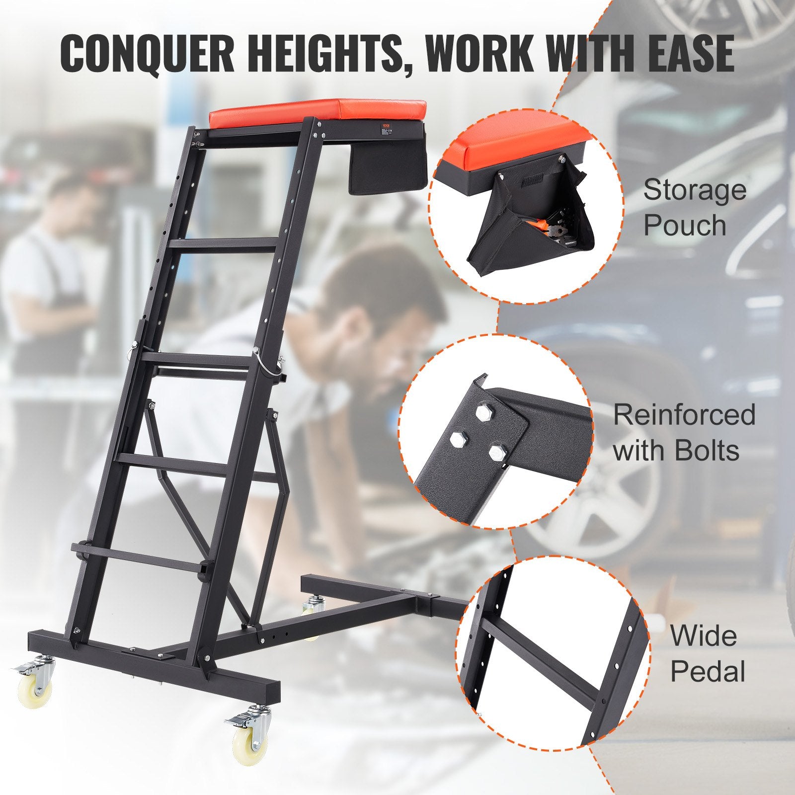 Automotive Topside Creeper, with Adjustable Height 49.6" to 75.6", 181.44KGS Capacity High Creeper, 4 Swivel Caster Wheels, Heavy Duty Foldable Creeper for Auto Repair and Maintenance