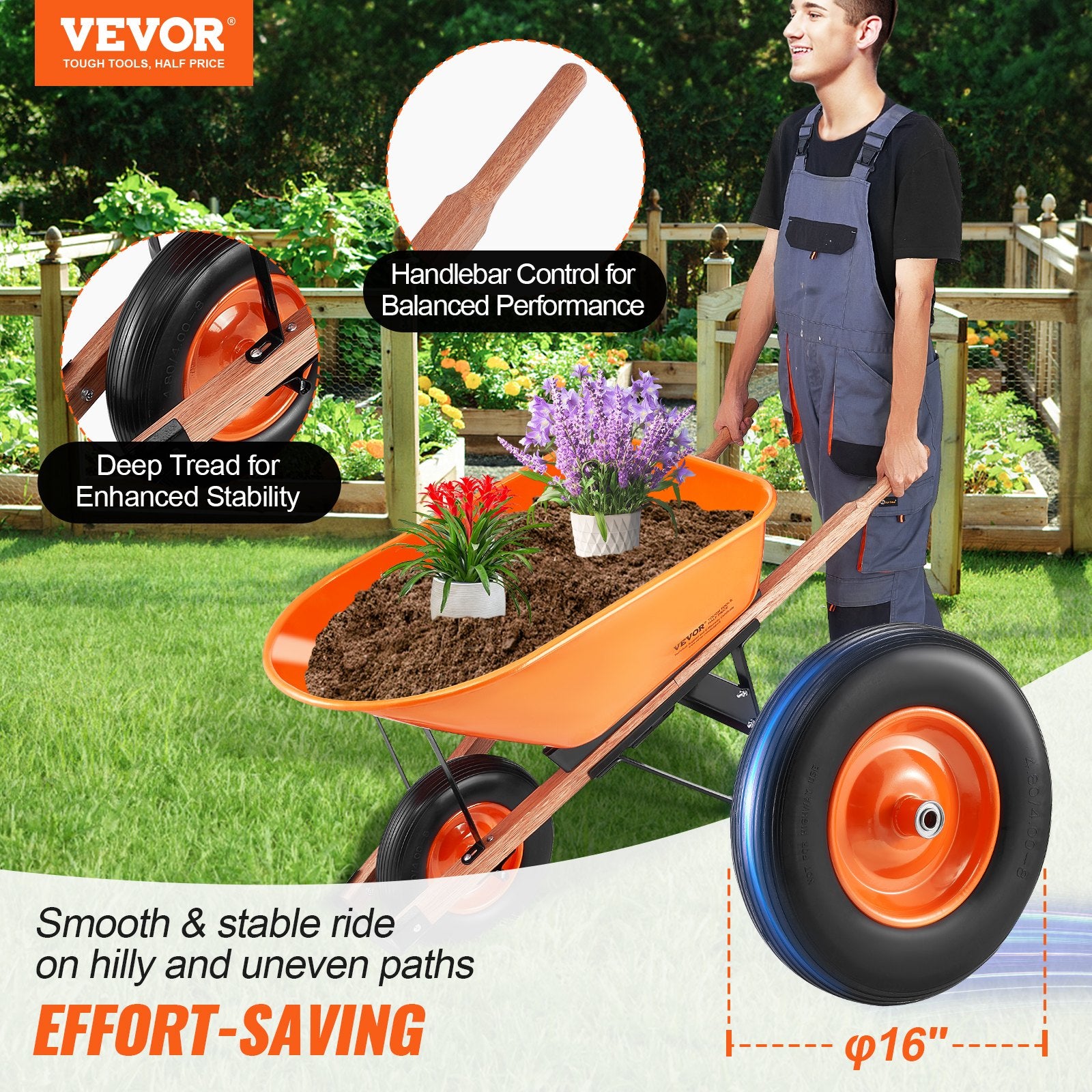 Spreaders & Wheelbarrows: VEVOR Wheelbarrow Cart One Wheel 6 Cu Ft Garden Dump Cart 330 lbs Utility Cart