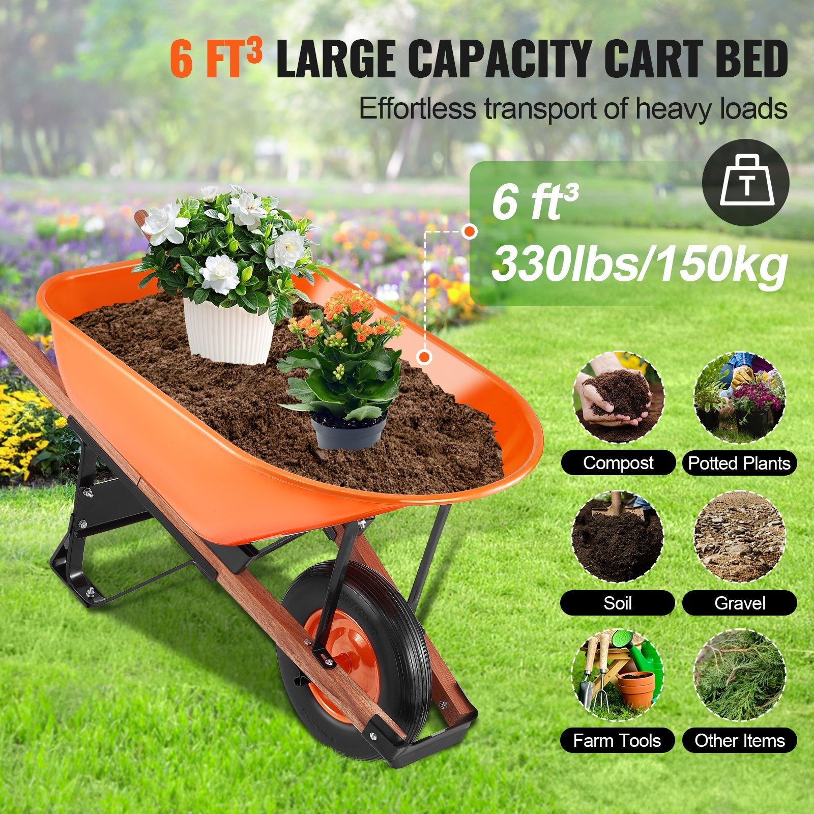 Spreaders & Wheelbarrows: VEVOR Wheelbarrow Cart One Wheel 6 Cu Ft Garden Dump Cart 330 lbs Utility Cart