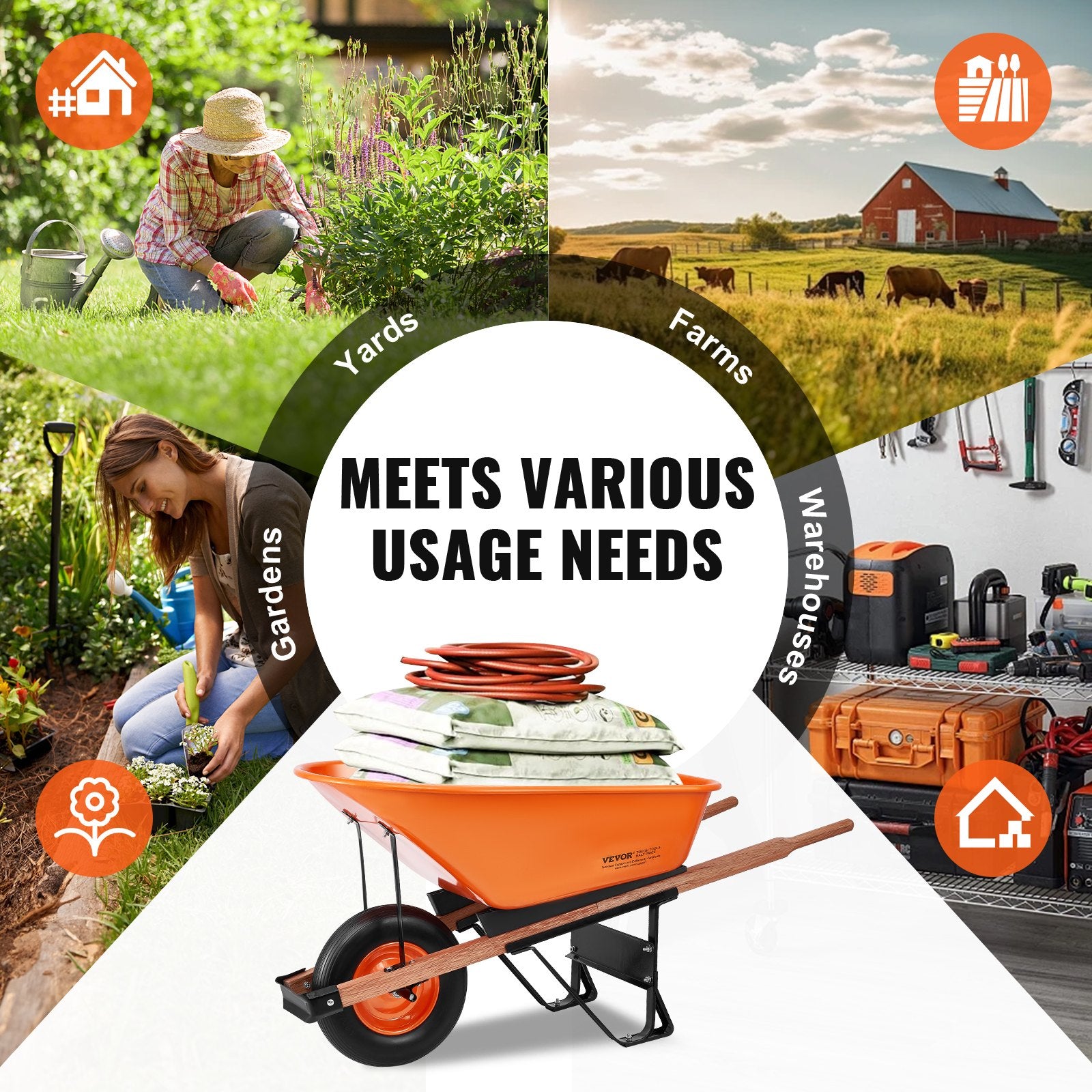 Spreaders & Wheelbarrows: VEVOR Wheelbarrow Cart One Wheel 6 Cu Ft Garden Dump Cart 330 lbs Utility Cart