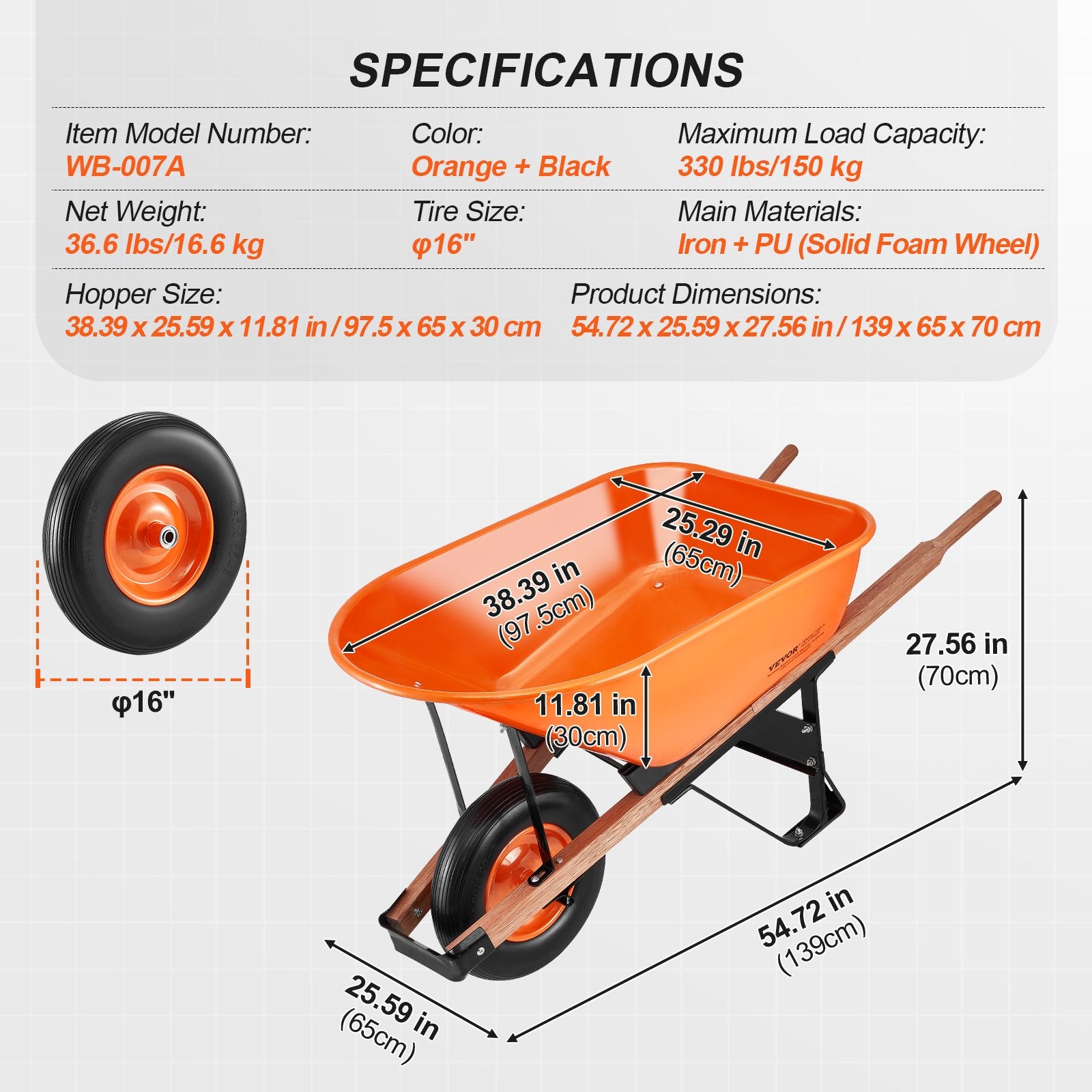 Spreaders & Wheelbarrows: VEVOR Wheelbarrow Cart One Wheel 6 Cu Ft Garden Dump Cart 330 lbs Utility Cart