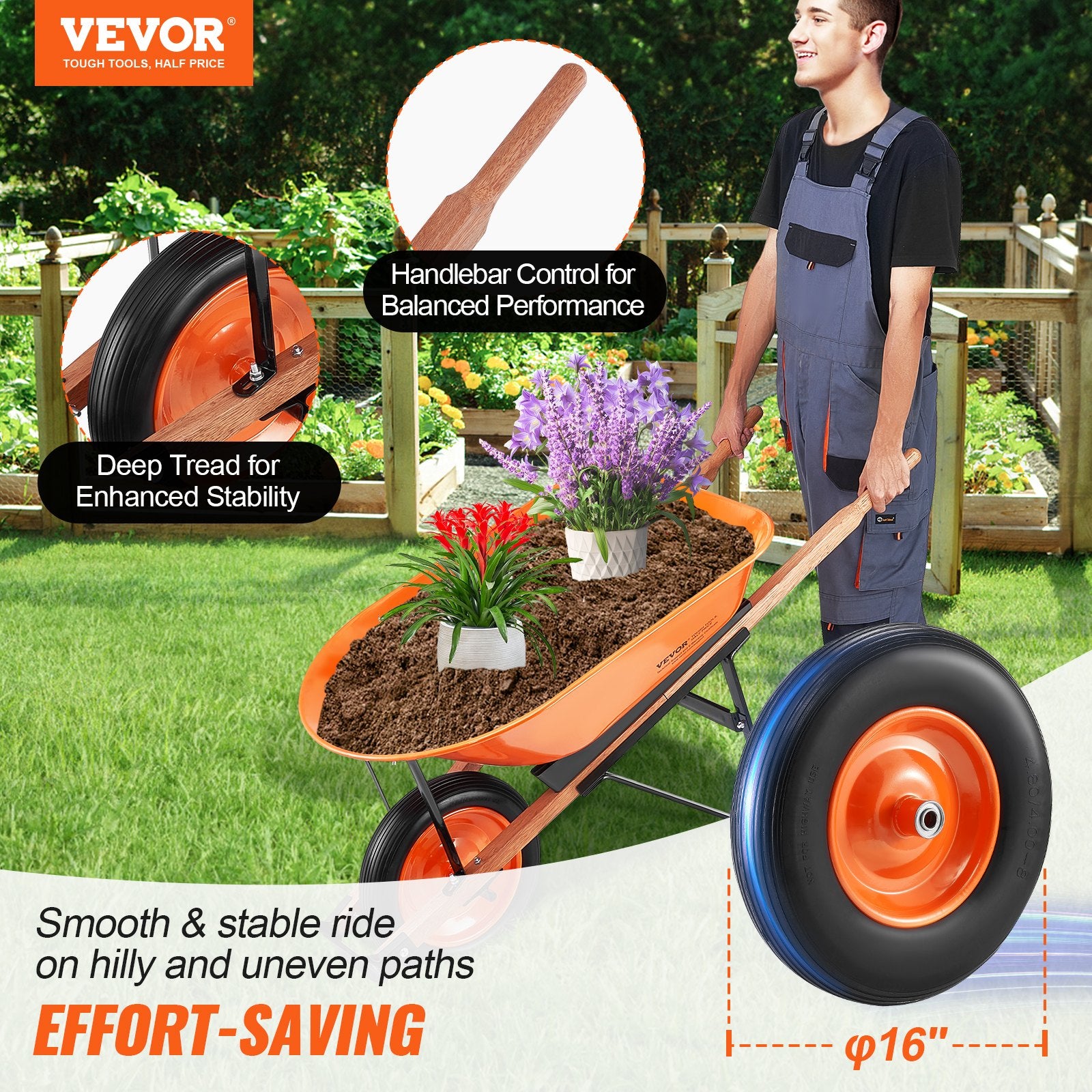 Spreaders & Wheelbarrows: VEVOR Wheelbarrow Cart One Wheel Garden Dump Cart 330 lbs Yard Utility Cart