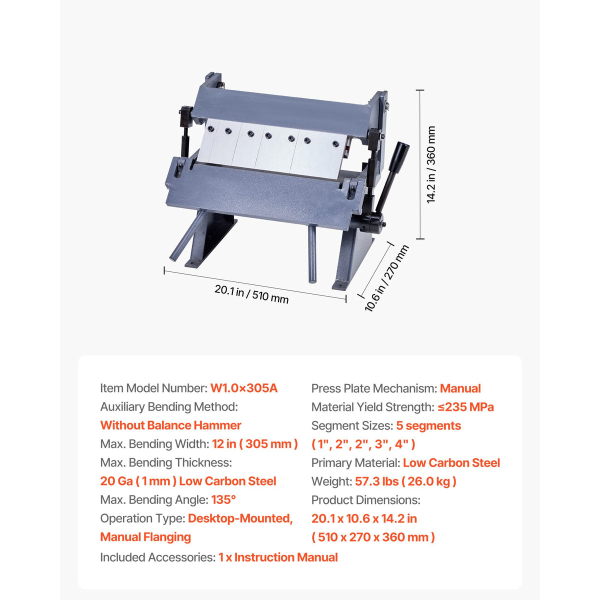 Box and Pan Brake, 305 mm Sheet Metal Bending Brake, 20-Gauge Mild Steel Capacity, 0-135 Degree Adjustable, Metal Bender Machine with 5 Fingers, Heavy-Duty Aluminum Folder for Precise Bending
