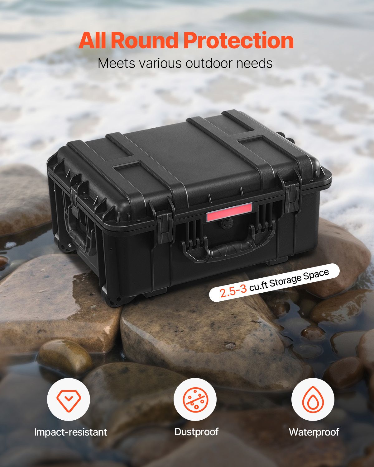 2.5 Cu.ft Weatherproof Hard Case, Waterproof Hard Case with Rolling Wheels and Retractable Pull Handle, IP67 Waterproof Protective Case with 4 Clips, 4 Padlock Holes, and Foam Inserted, Black