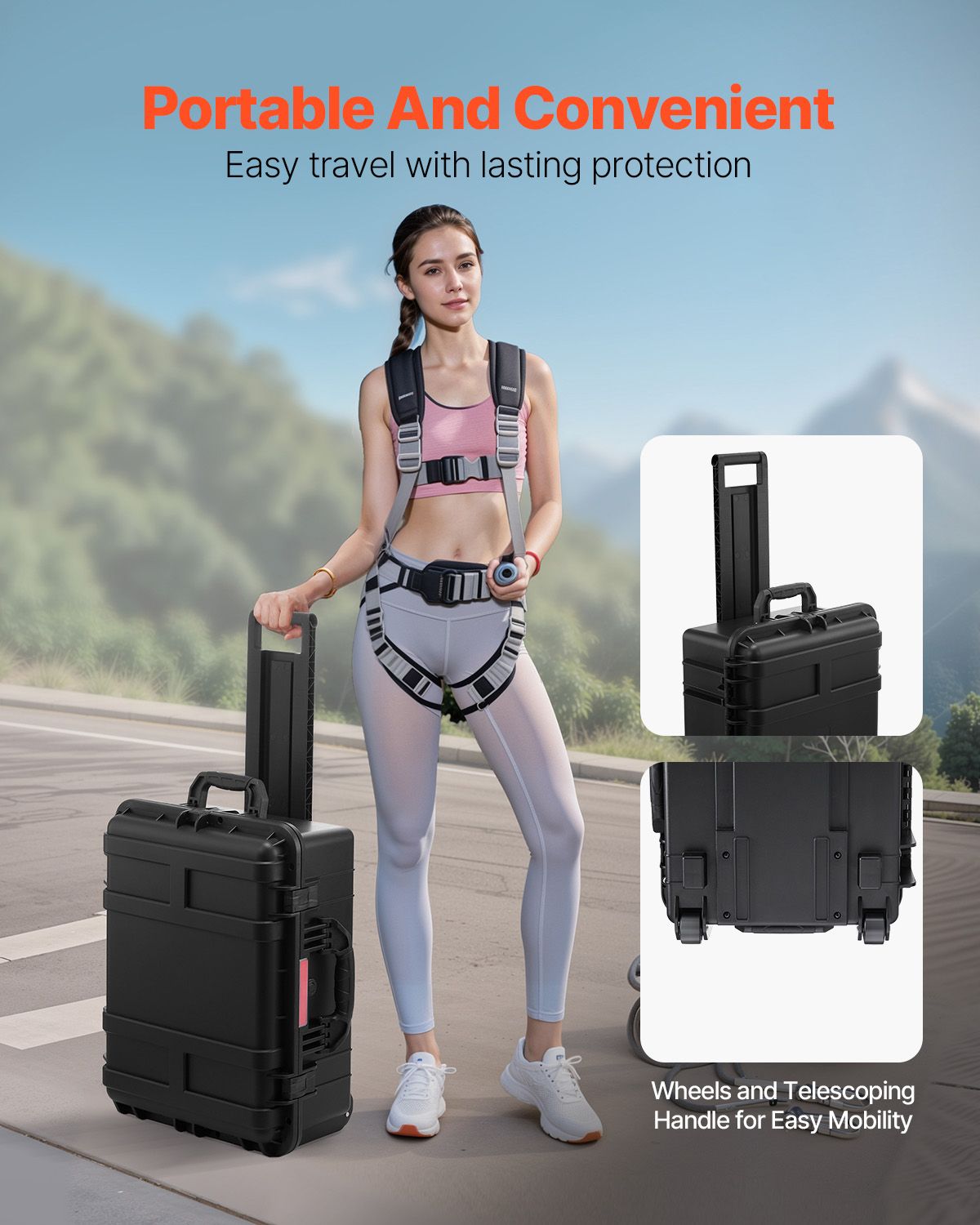 2.5 Cu.ft Weatherproof Hard Case, Waterproof Hard Case with Rolling Wheels and Retractable Pull Handle, IP67 Waterproof Protective Case with 4 Clips, 4 Padlock Holes, and Foam Inserted, Black