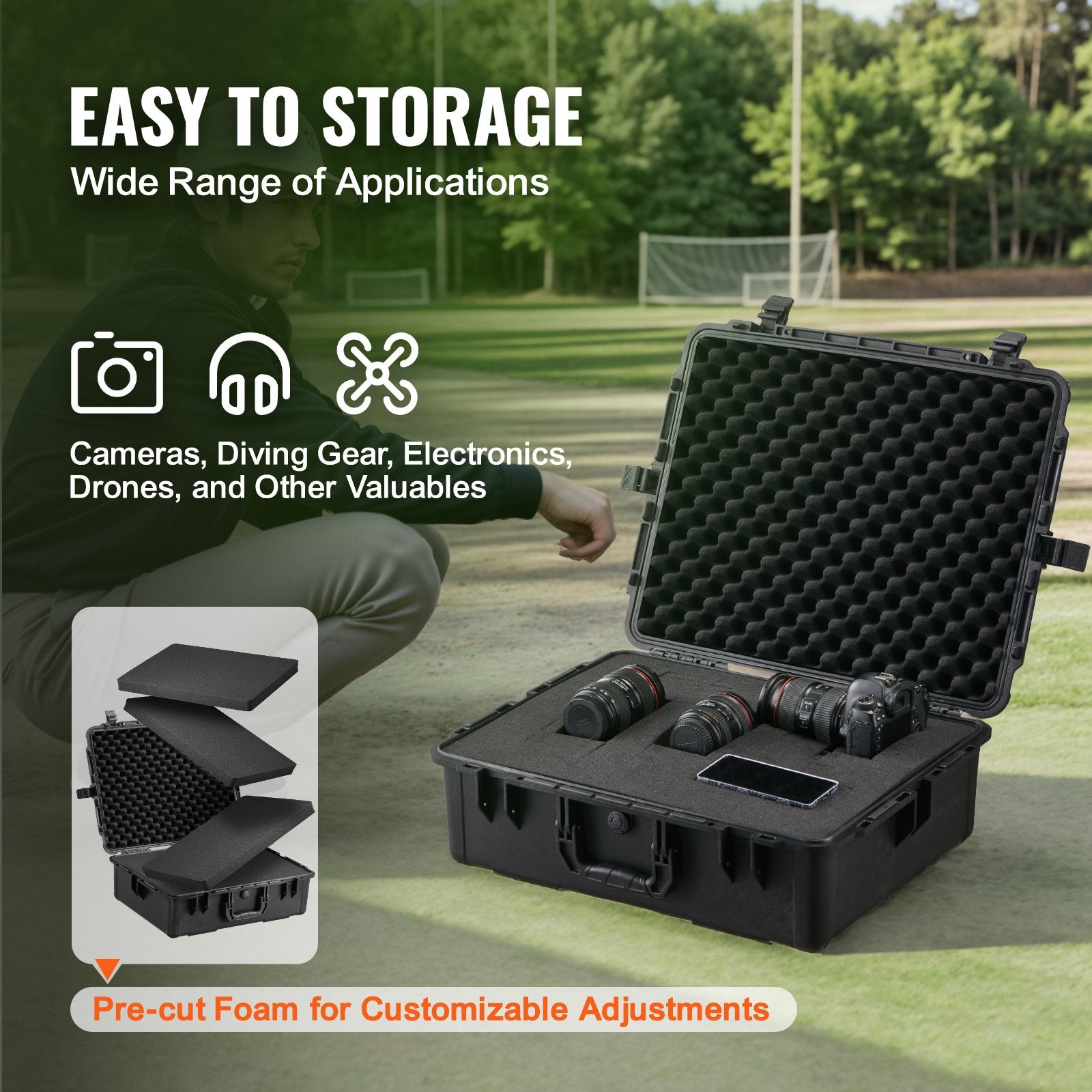 Weatherproof Hard Case, Heavy Duty Protective Dry Box Case with Pre-cut Foam, and Retractable Pull Handles for Travel, Hunting, Military, Tactical, IP67 Waterproof Case for Cameras (56.1x37x26)