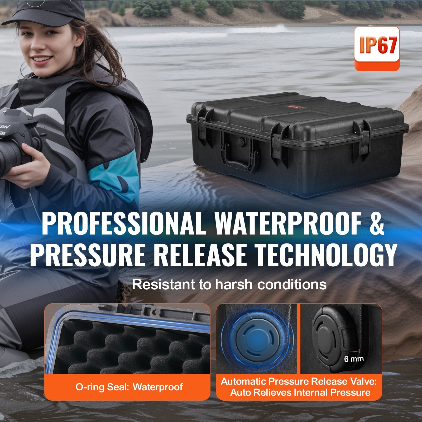 Weatherproof Hard Case, Heavy Duty Protective Dry Box Case with Pre-cut Foam, and Retractable Pull Handles for Travel, Hunting, Military, Tactical, IP67 Waterproof Case for Cameras (56.1x37x26)