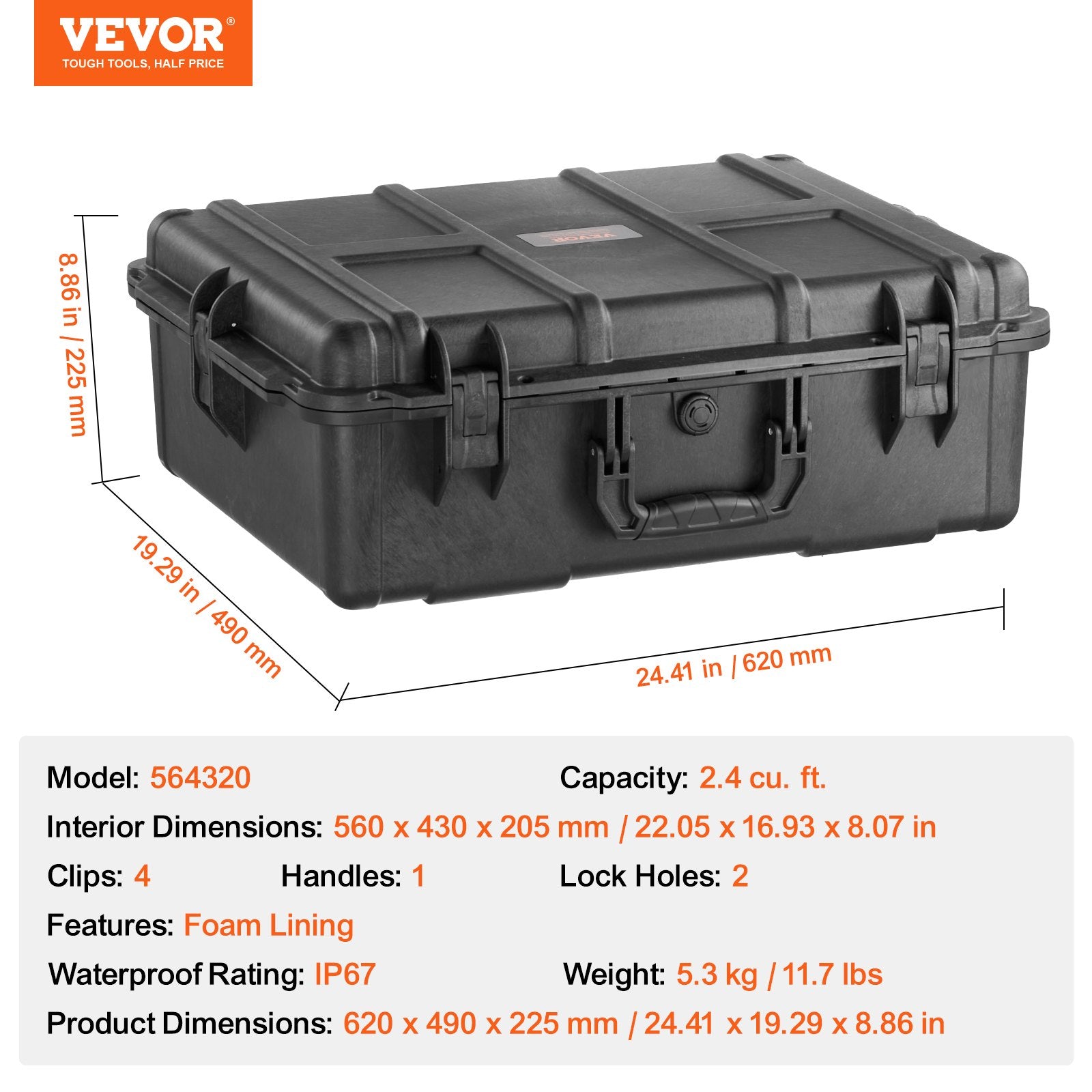 Weatherproof Hard Case, Heavy Duty Protective Dry Box Case with Pre-cut Foam, and Retractable Pull Handles for Travel, Hunting, Military, Tactical, IP67 Waterproof Case for Cameras (56.1x37x26)