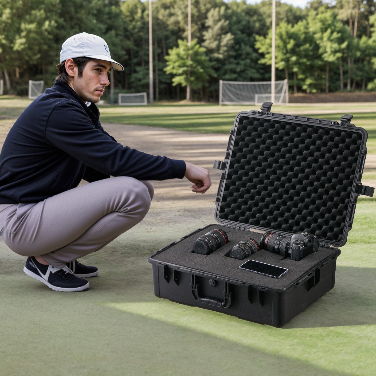Weatherproof Hard Case, Heavy Duty Protective Dry Box Case with Pre-cut Foam, and Retractable Pull Handles for Travel, Hunting, Military, Tactical, IP67 Waterproof Case for Cameras (56.1x37x26)