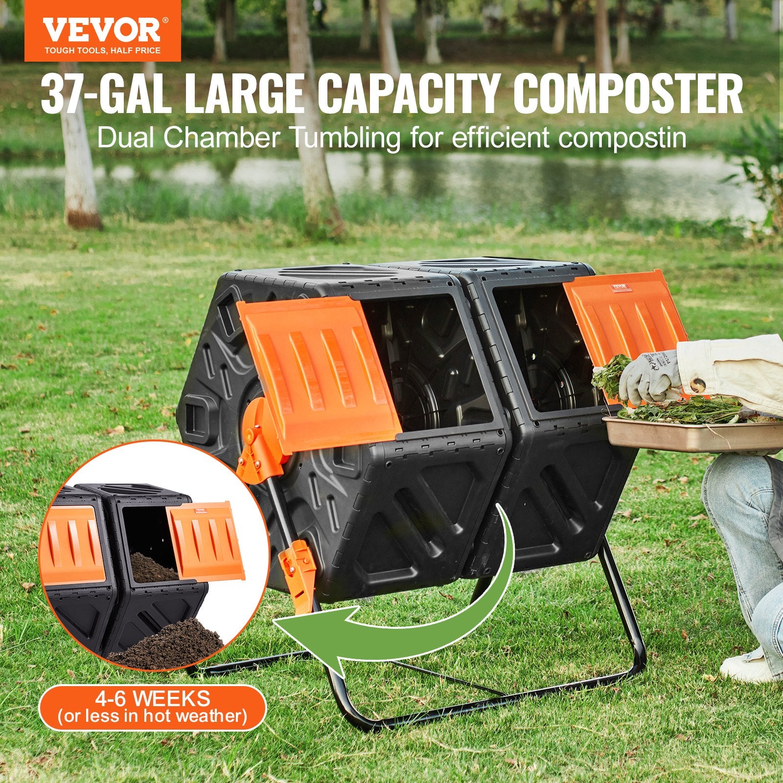 Gardening Tools: VEVOR Compost Bin 37 Gal Dual-Chamber Composter Tumbler Rotating Sliding Doors