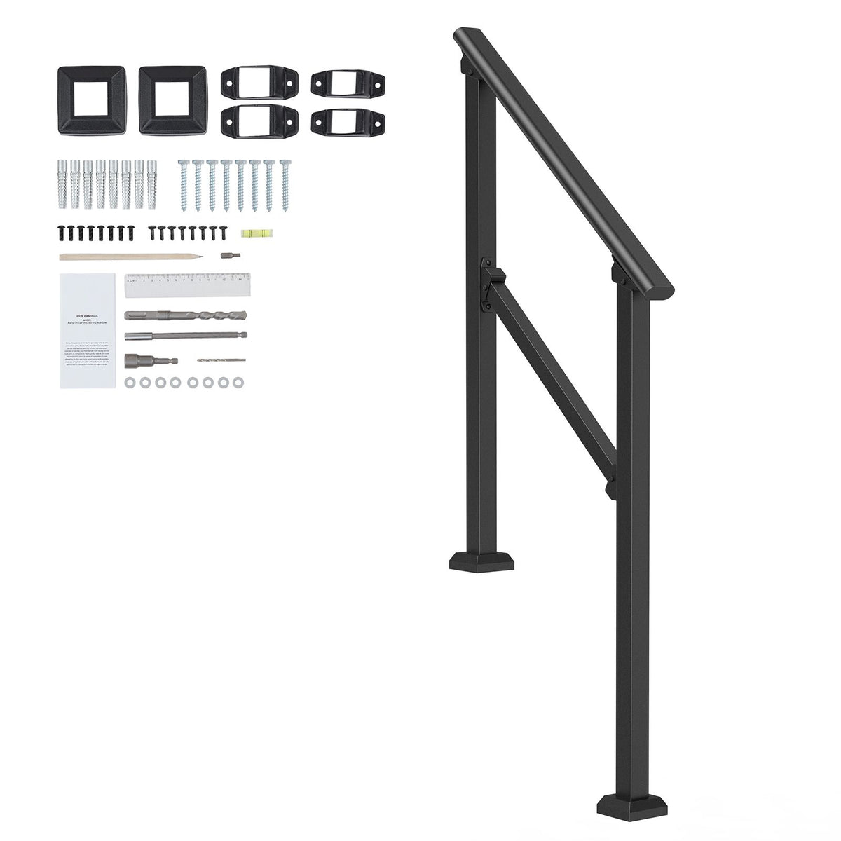 Handrails for Outdoor Steps, 2-3 Step Stair Hand Rail Kit, Transitional Carbon Steel Railings with Installation Kit, Stair Rails for Seniors, Concrete Steps & Porch & Deck, Black Square Tube