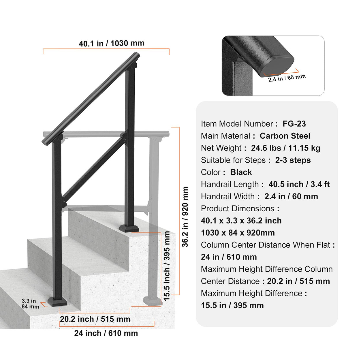 Handrails for Outdoor Steps, 2-3 Step Stair Hand Rail Kit, Transitional Carbon Steel Railings with Installation Kit, Stair Rails for Seniors, Concrete Steps & Porch & Deck, Black Square Tube