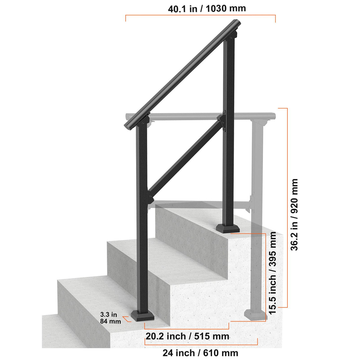 Handrails for Outdoor Steps, 2-3 Step Stair Hand Rail Kit, Transitional Carbon Steel Railings with Installation Kit, Stair Rails for Seniors, Concrete Steps & Porch & Deck, Black Square Tube