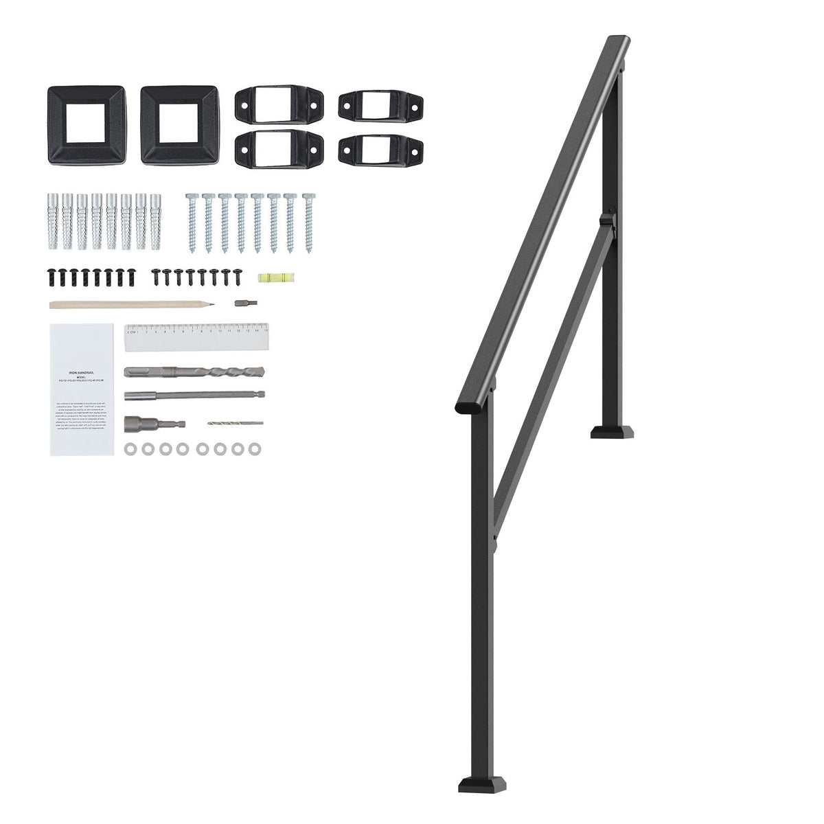 Handrails for Outdoor Steps, 4-5 Step Stair Hand Rail Kit, Transitional Carbon Steel Railings with Installation Kit, Stair Rails for Seniors, Concrete Steps & Porch & Deck, Black Square Tube