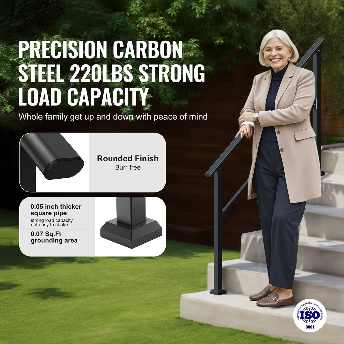 Handrails for Outdoor Steps, 4-5 Step Stair Hand Rail Kit, Transitional Carbon Steel Railings with Installation Kit, Stair Rails for Seniors, Concrete Steps & Porch & Deck, Black Square Tube