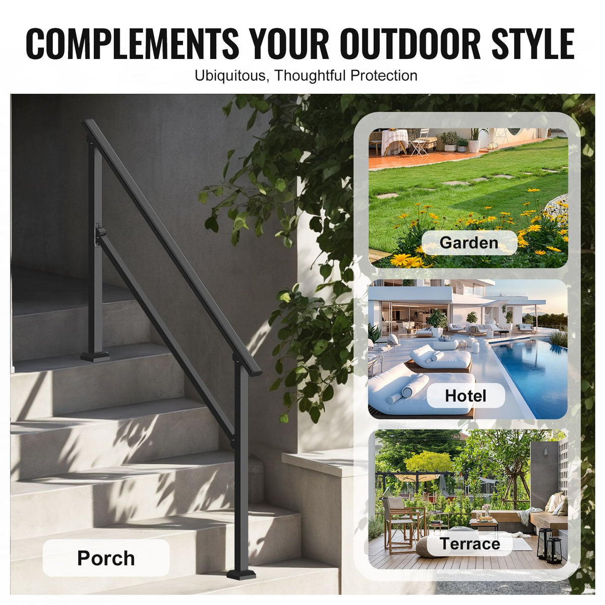 Handrails for Outdoor Steps, 4-5 Step Stair Hand Rail Kit, Transitional Carbon Steel Railings with Installation Kit, Stair Rails for Seniors, Concrete Steps & Porch & Deck, Black Square Tube
