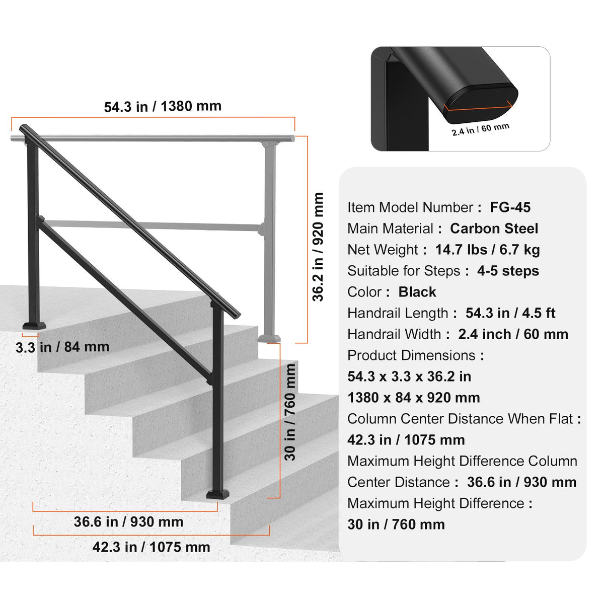Handrails for Outdoor Steps, 4-5 Step Stair Hand Rail Kit, Transitional Carbon Steel Railings with Installation Kit, Stair Rails for Seniors, Concrete Steps & Porch & Deck, Black Square Tube
