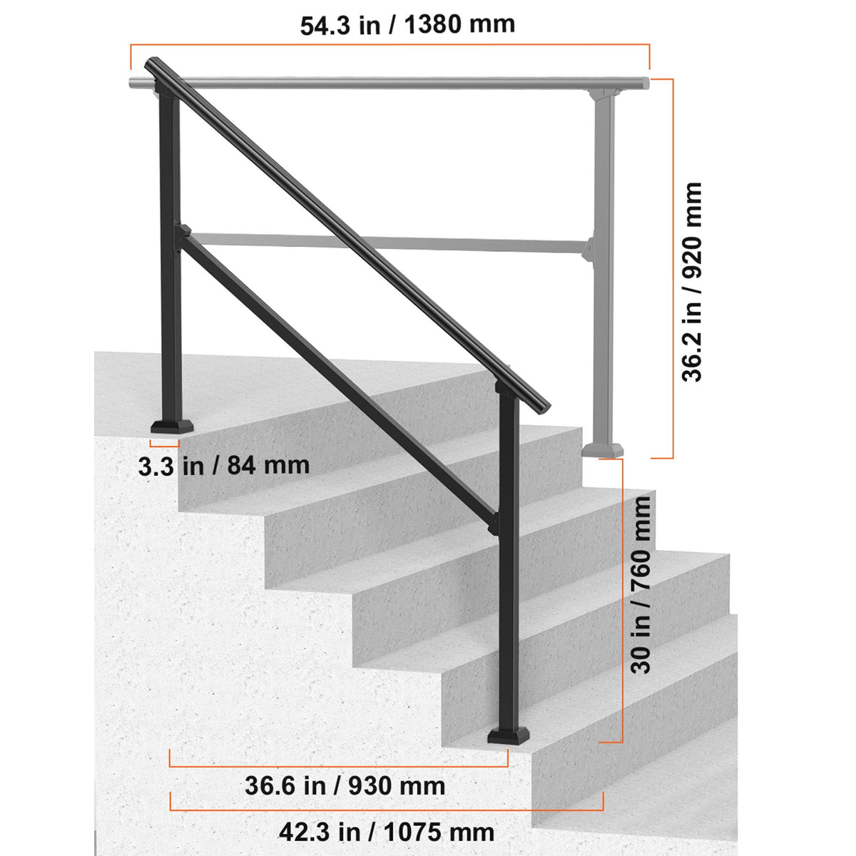 Handrails for Outdoor Steps, 4-5 Step Stair Hand Rail Kit, Transitional Carbon Steel Railings with Installation Kit, Stair Rails for Seniors, Concrete Steps & Porch & Deck, Black Square Tube