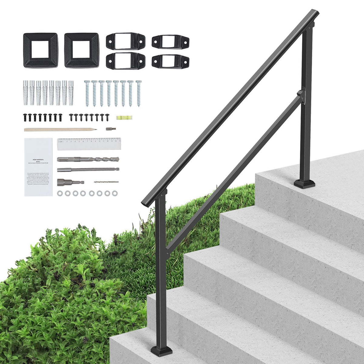 Handrails for Outdoor Steps, 4-5 Step Stair Hand Rail Kit, Transitional Carbon Steel Railings with Installation Kit, Stair Rails for Seniors, Concrete Steps & Porch & Deck, Black Square Tube