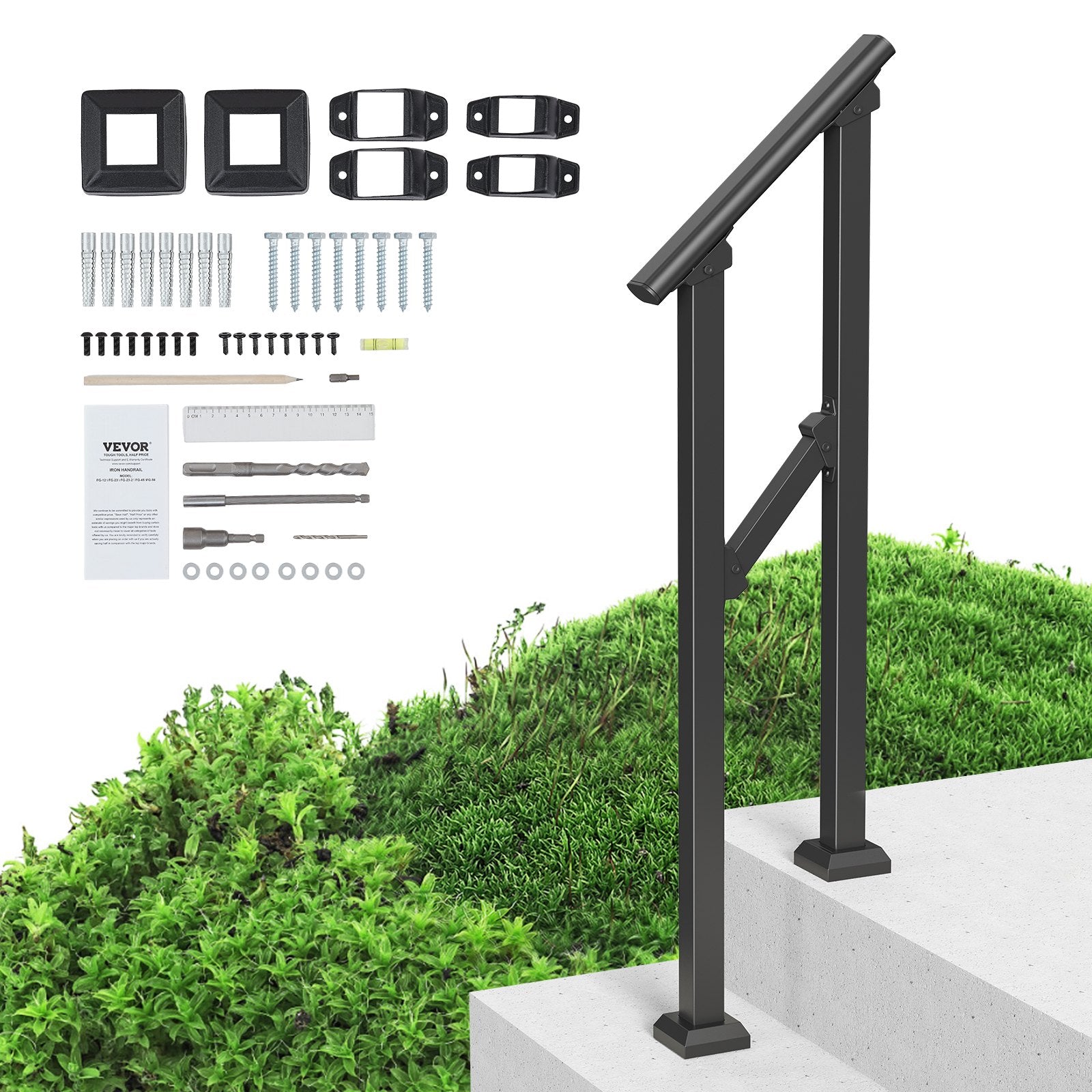 Mobility & Accessibility: VEVOR Handrails for Outdoor Steps, 1-2 Step Stair Hand Rail Kit, Transitional Carbon Steel Railings with Installation Kit, Stair Rails for Seniors, Concrete Steps & Porch & Deck, Black Square Tube