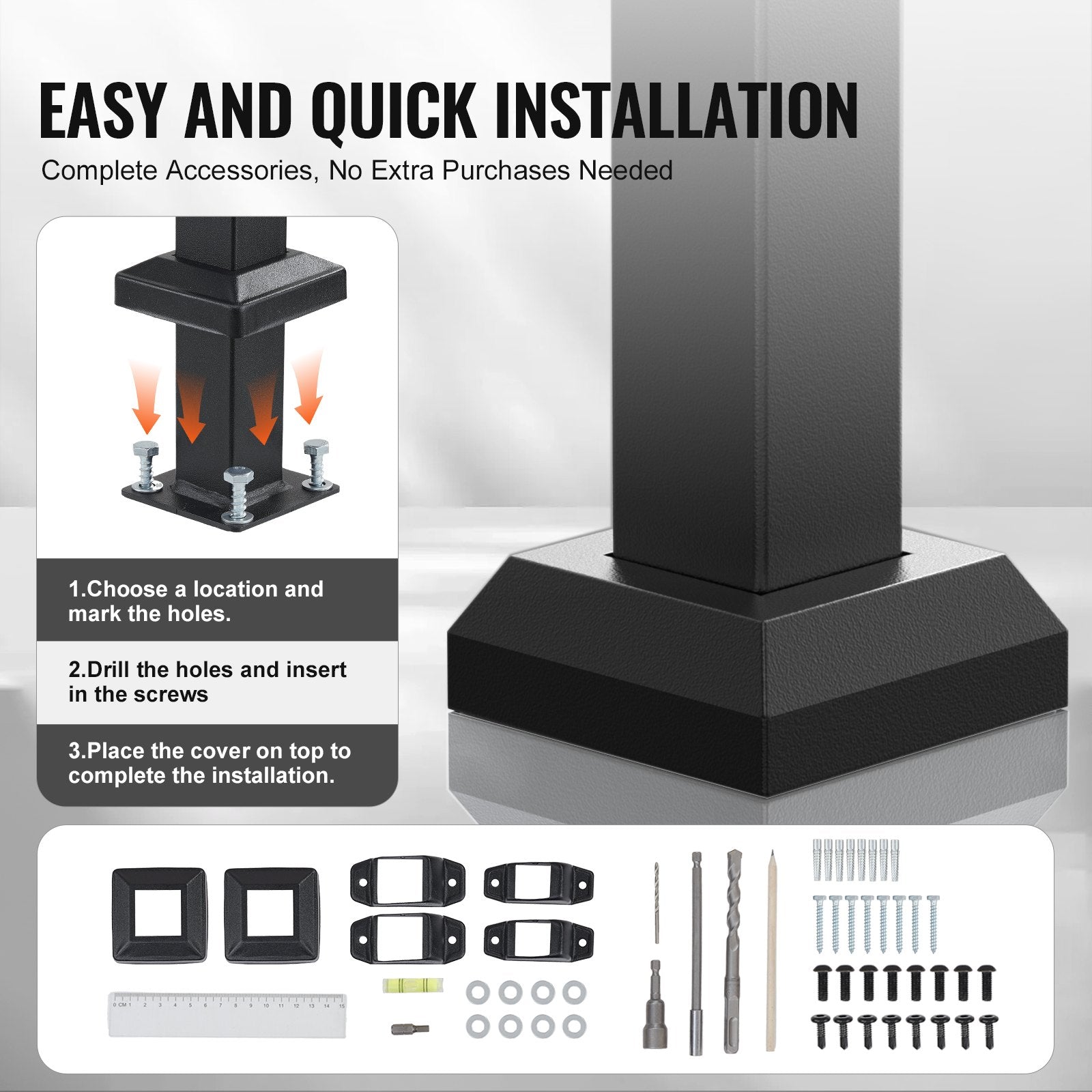 Mobility & Accessibility: VEVOR Handrails for Outdoor Steps, 1-2 Step Stair Hand Rail Kit, Transitional Carbon Steel Railings with Installation Kit, Stair Rails for Seniors, Concrete Steps & Porch & Deck, Black Square Tube