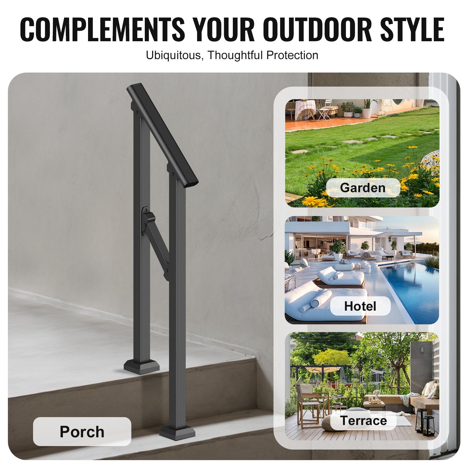 Mobility & Accessibility: VEVOR Handrails for Outdoor Steps, 1-2 Step Stair Hand Rail Kit, Transitional Carbon Steel Railings with Installation Kit, Stair Rails for Seniors, Concrete Steps & Porch & Deck, Black Square Tube