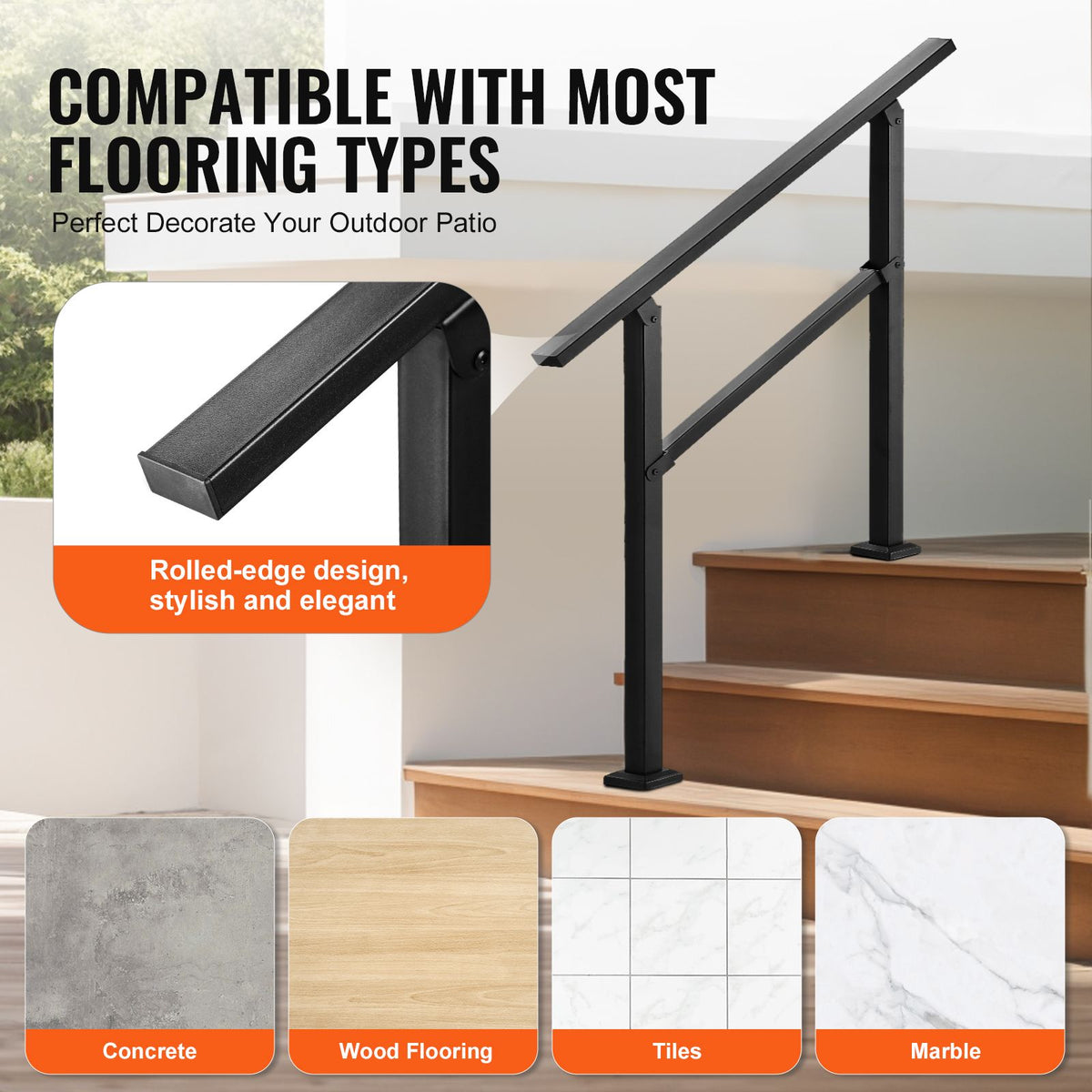 Outdoor Handrails for Steps, 2-3 Step Stair Rail Kit, Black Square Tube with Horizontal Bar, Carbon Steel Support Rails for Seniors, Concrete & Deck Stairs, Easy Installation