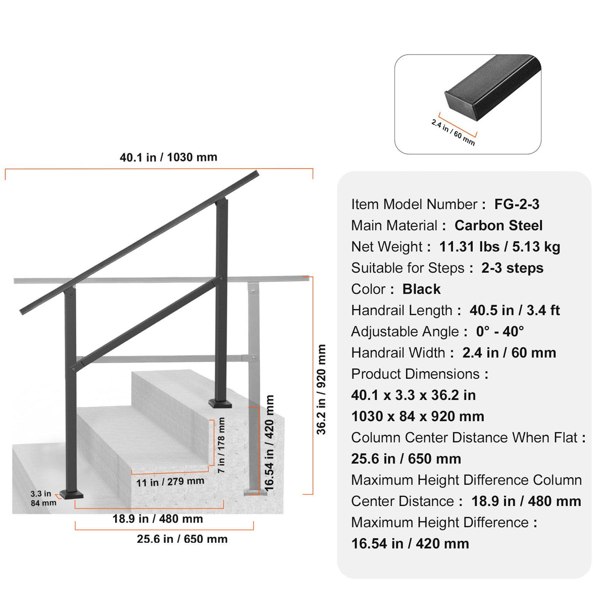 Outdoor Handrails for Steps, 2-3 Step Stair Rail Kit, Black Square Tube with Horizontal Bar, Carbon Steel Support Rails for Seniors, Concrete & Deck Stairs, Easy Installation