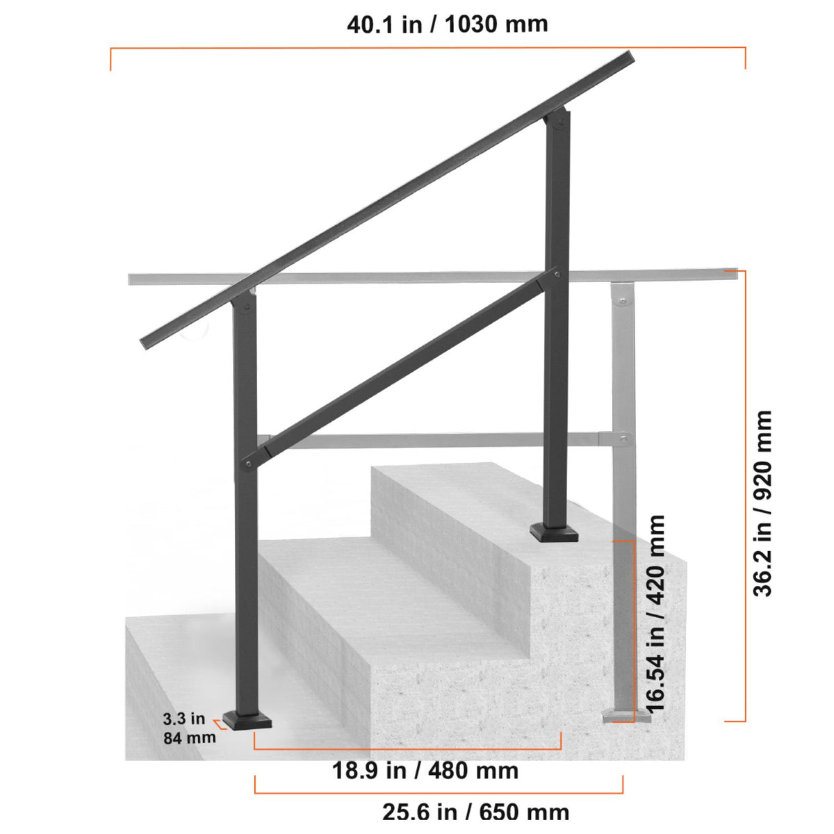 Outdoor Handrails for Steps, 2-3 Step Stair Rail Kit, Black Square Tube with Horizontal Bar, Carbon Steel Support Rails for Seniors, Concrete & Deck Stairs, Easy Installation
