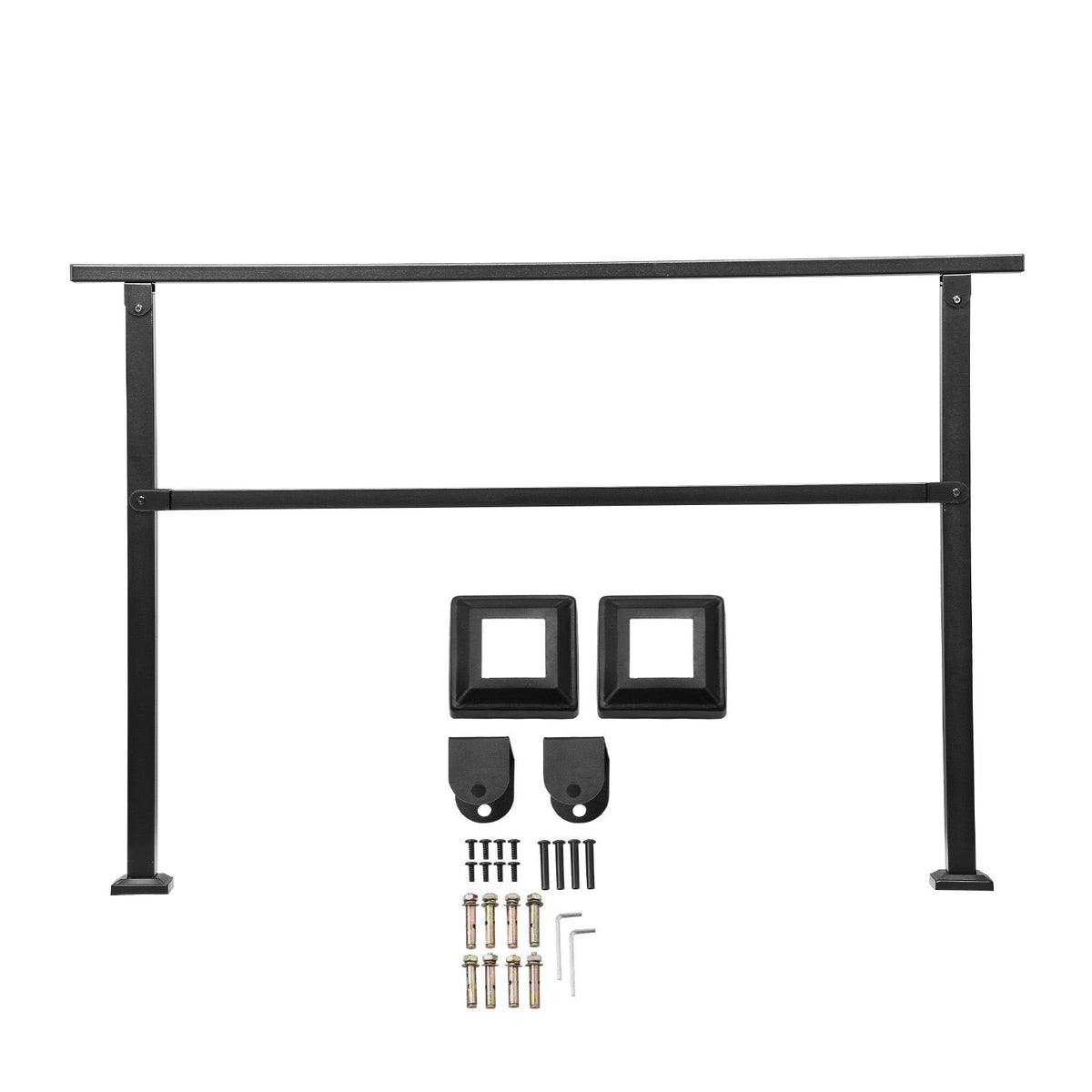 Outdoor Handrails for Steps, 4-5 Step Stair Rail Kit, Black Square Tube with Horizontal Bar, Carbon Steel Support Rails for Seniors, Concrete & Deck Stairs, Easy Installation