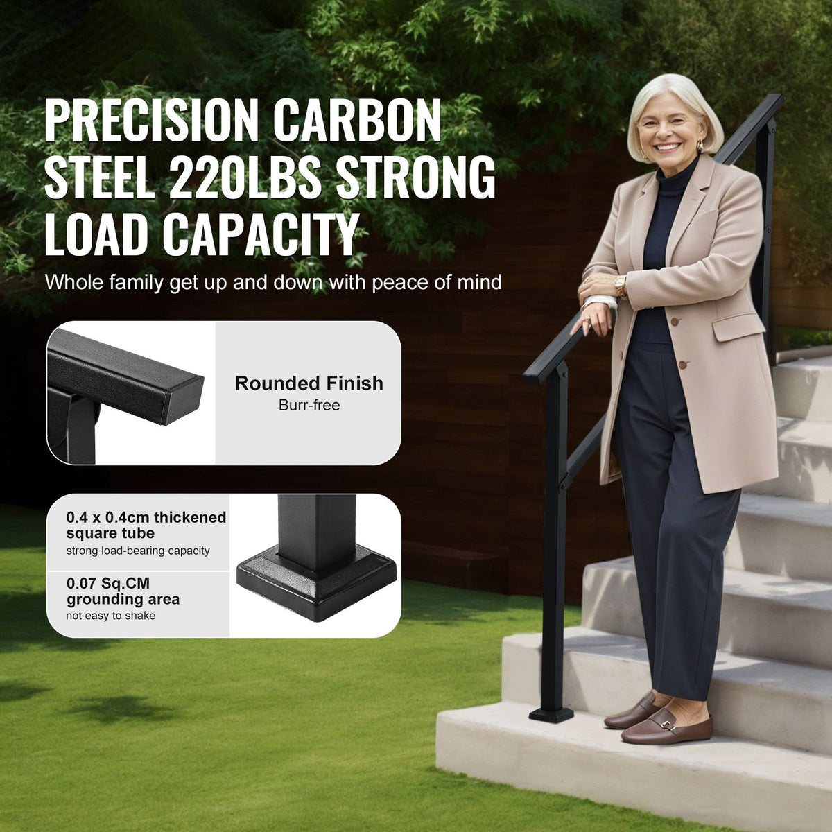 Outdoor Handrails for Steps, 4-5 Step Stair Rail Kit, Black Square Tube with Horizontal Bar, Carbon Steel Support Rails for Seniors, Concrete & Deck Stairs, Easy Installation