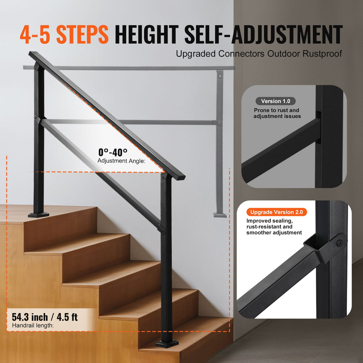 Outdoor Handrails for Steps, 4-5 Step Stair Rail Kit, Black Square Tube with Horizontal Bar, Carbon Steel Support Rails for Seniors, Concrete & Deck Stairs, Easy Installation